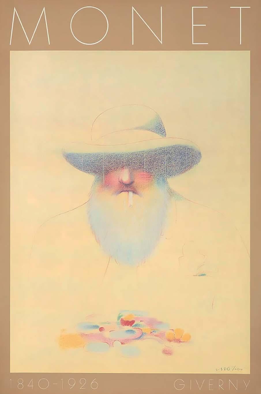 Milton Glaser Monet poster 1982:
Vintage original 1982 Milton Glaser poster designed by Glaser on the occasion of a Monet exhibition at Foundation Monet in Giverny. 

A timeless, highly decorative Milton Glaser poster capturing Monet amidst