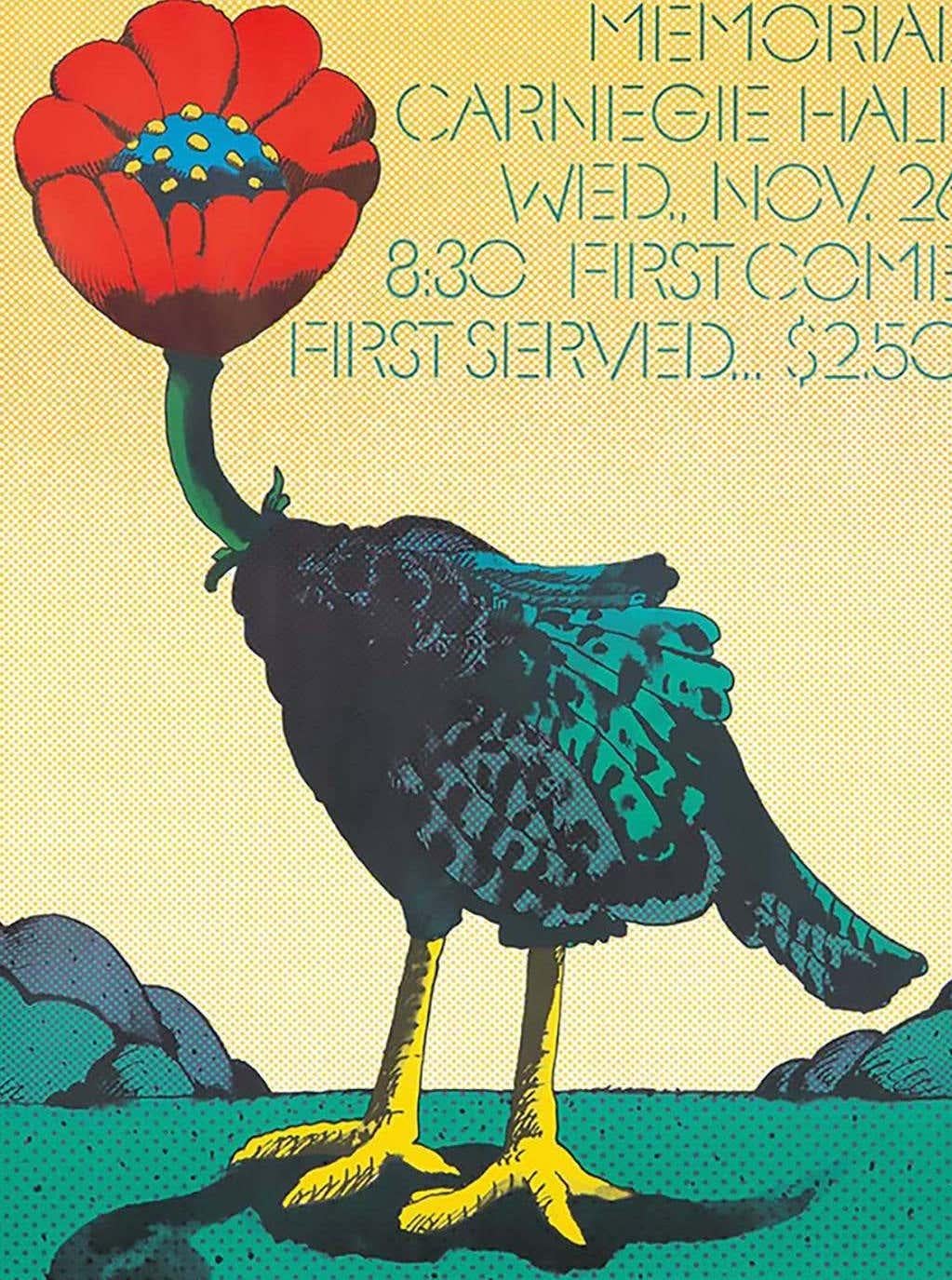 1960s Milton Glaser Poster Art: 
Milton Glaser Poppy Gives Thanks: Vintage original Milton Glaser poster c.1968. Designed by Milton Glaser on the occasion of a concert at New York's Carnegie Hall featuring poppy recording artists (Townes Van Zandt,