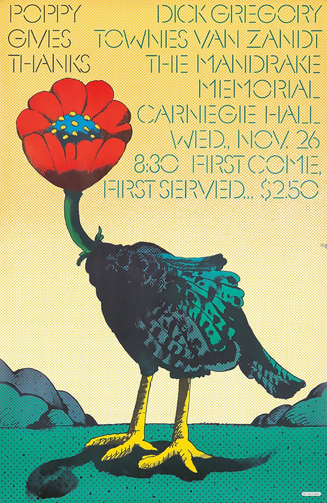 1960er Jahre Milton Glaser Poster Kunst: 
Milton Glaser Mohnblume dankt: Vintage Originalplakat von Milton Glaser, ca. 1968. Entworfen von Milton Glaser anlässlich eines Konzerts in der New Yorker Carnegie Hall mit Künstlern der Popmusik (Townes Van