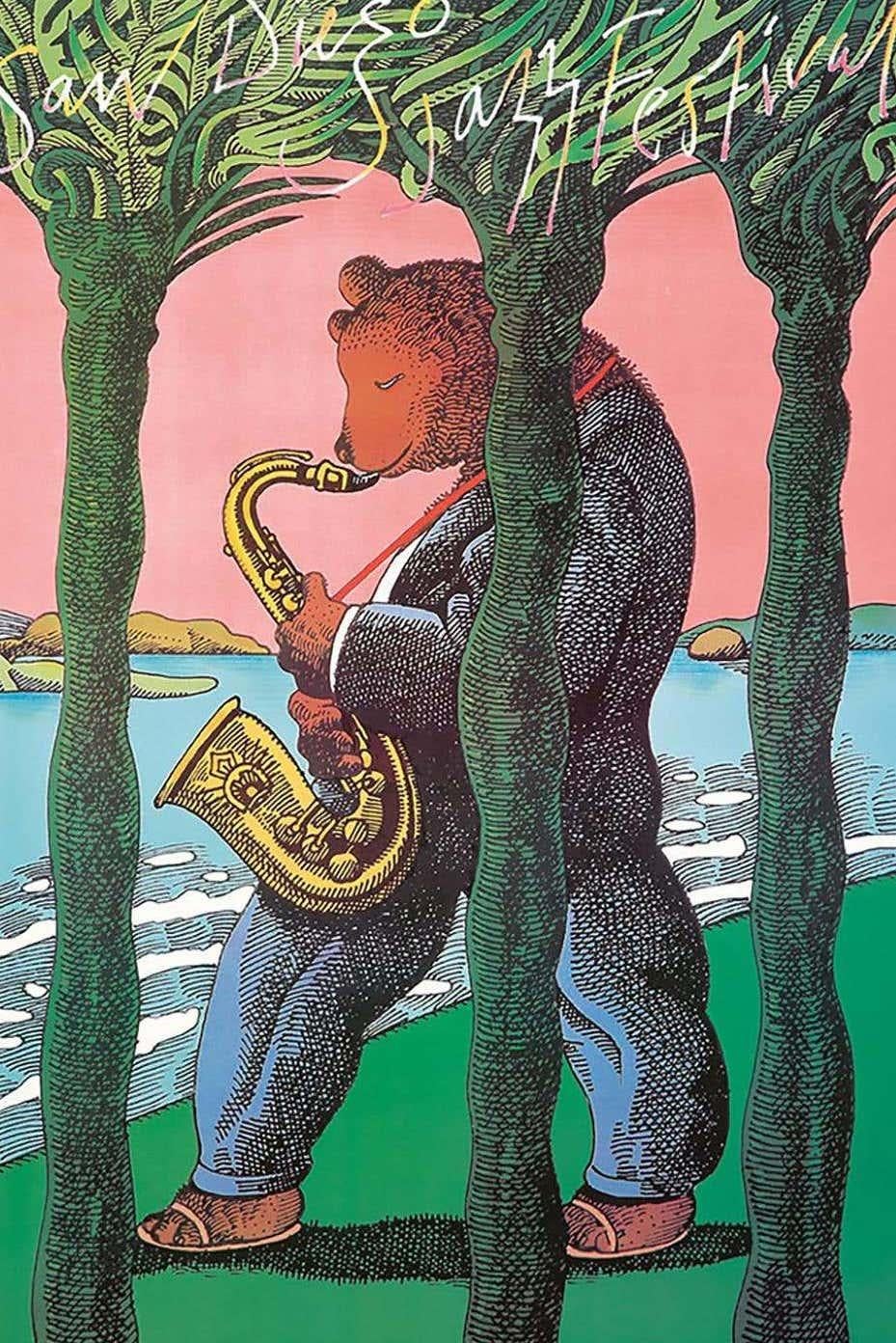 1980s Milton Glaser Poster Art: 
San Diego Jazz Festival: Vintage original Milton Glaser poster c.1983. Designed by Milton Glaser on the occasion of the San Diego Jazz Festival, a Pacific Coast event depicted with a suit-and-sandal clad bear at