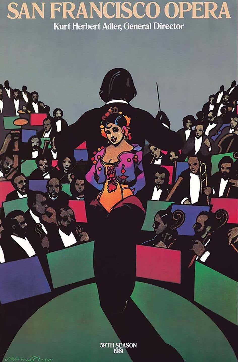 Cartel artístico de Milton Glaser de los años 1980: 
Milton Glaser Ópera de San Francisco: Cartel vintage original de Milton Glaser c.1981. Diseñado por Milton Glaser con motivo del anuncio de la Ópera de San Francisco de la 59ª temporada de la