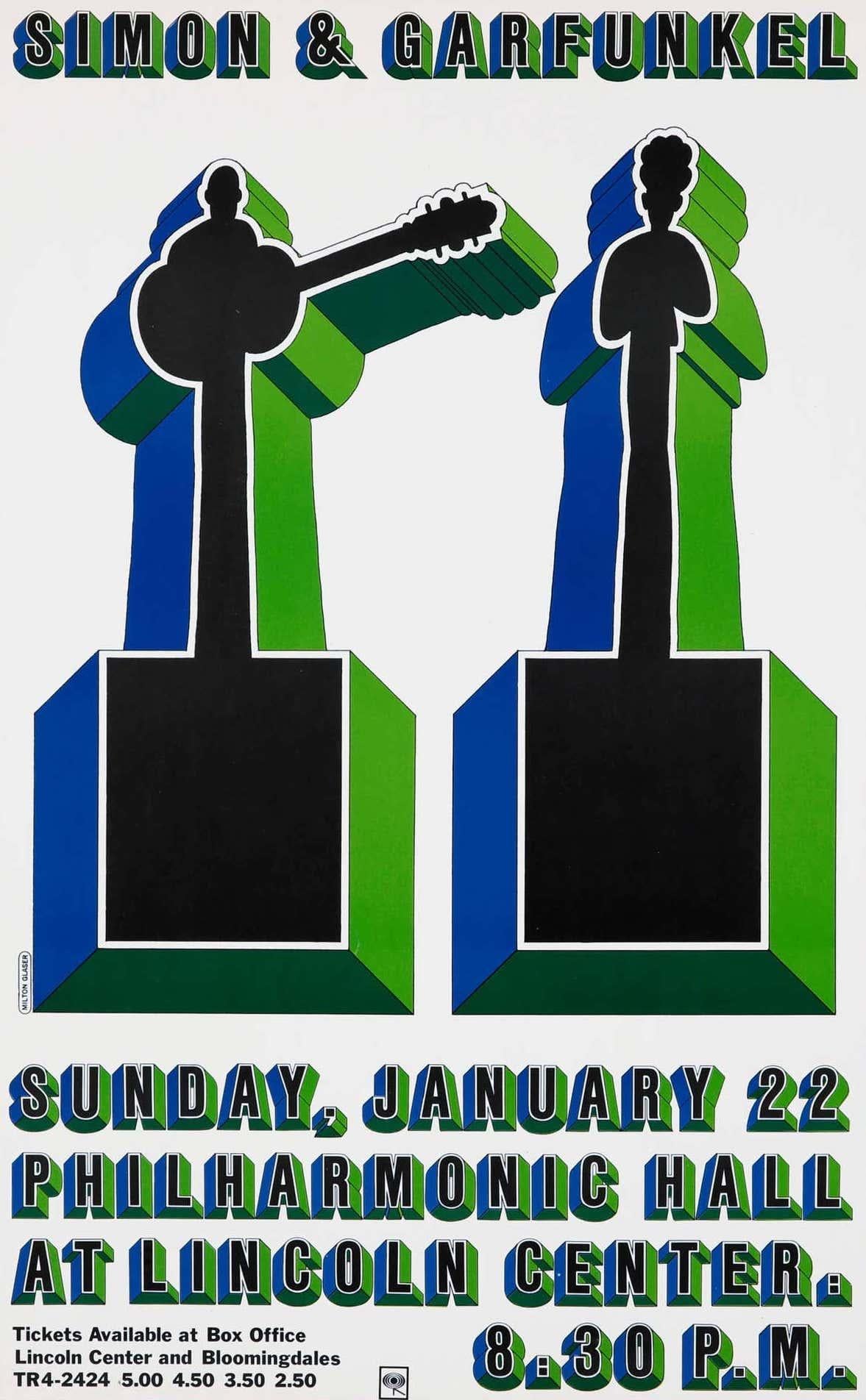 Poster originale d'epoca per il concerto di Milton Glaser, Simon and Garfunkel, New York, 1967:
Il 22 gennaio 1967, Simon & Garfunkel si esibirono alla Philharmonic Hall at Lincoln Center di New Hall. Per il poster, Milton Glaser ha innalzato le