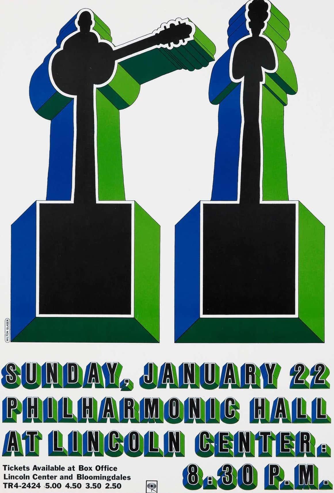 Vintage Original Milton Glaser, Simon and Garfunkel Concert Poster, New York, 1967:
On January 22nd, 1967, Simon & Garfunkel performed at Philharmonic Hall at Lincoln Center in New York City. For the poster, Milton Glaser raised the folk icons on a