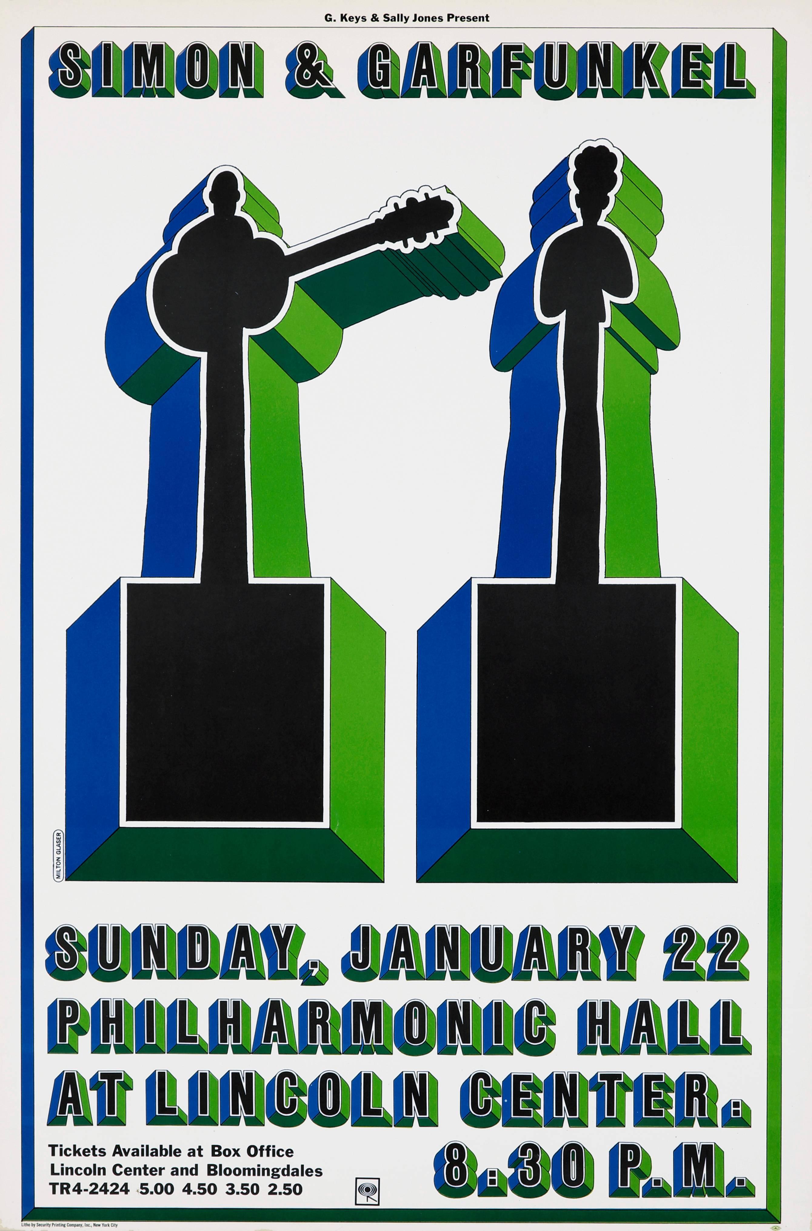 Vintage Original Milton Glaser, affiche du concert de Simon and Garfunkel, New York, 1967 :
Le 22 janvier 1967, Simon & Januari se produisent au Philharmonic Hall du Lincoln Center à New York. Pour l'affiche, Milton Glaser a placé les icônes