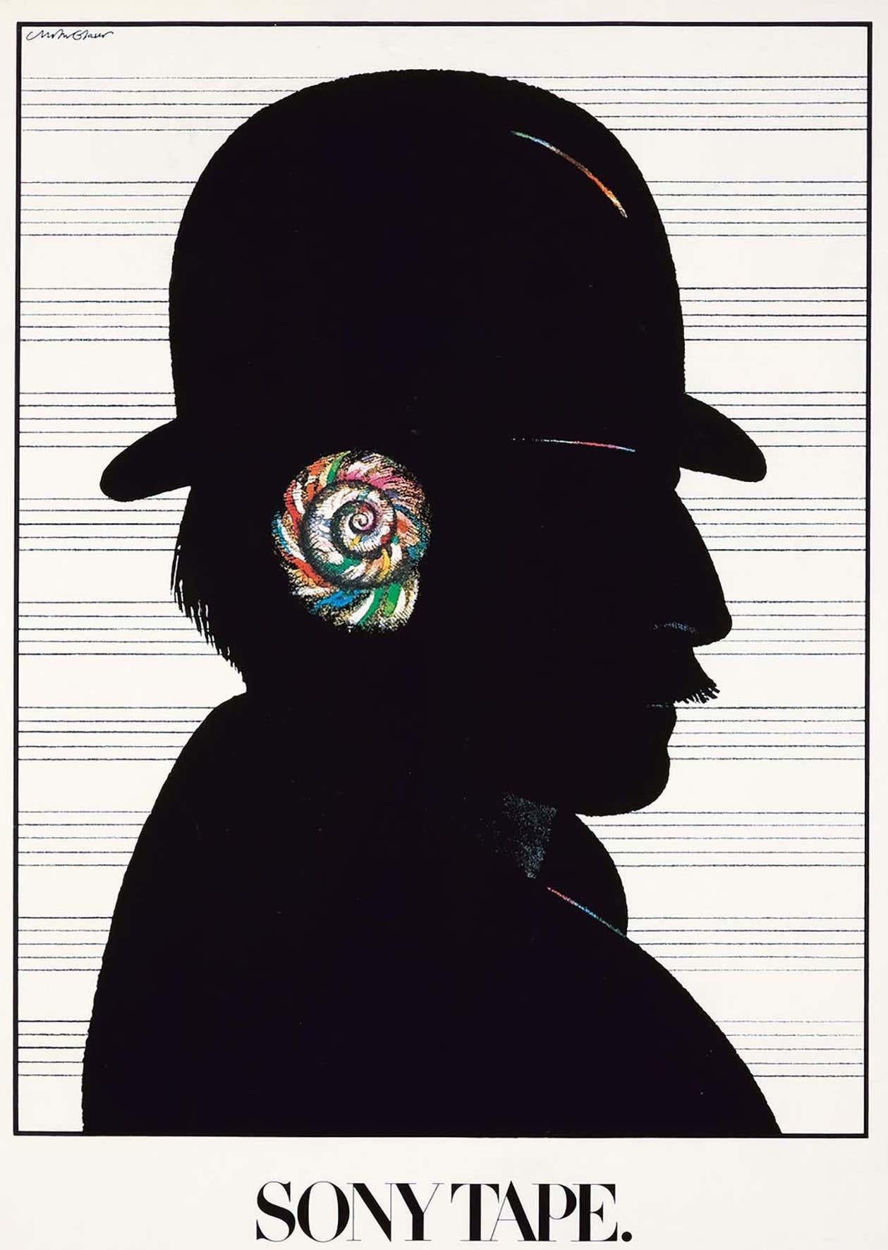 Milton Glaser Sony Tape, Full Color Sound poster 1980:
Vintage original 1980s Milton Glaser poster designed by Glaser for the world-recognized brand Sony. A classic Milton Glaser advertising design featuring the profile of a 19th-century music