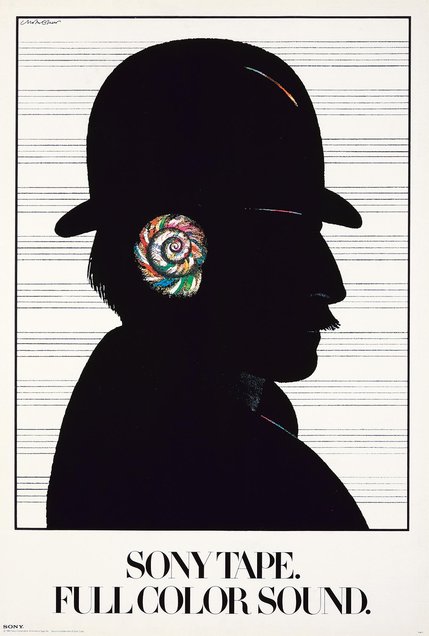 Milton Glaser Bande Sony, affiche sonore en couleur 1980 :
Affiche originale Vintage des années 1980 conçue par Milton Glaser pour la marque mondialement connue Sony. Un dessin publicitaire classique de Milton Glaser représentant le profil d'un
