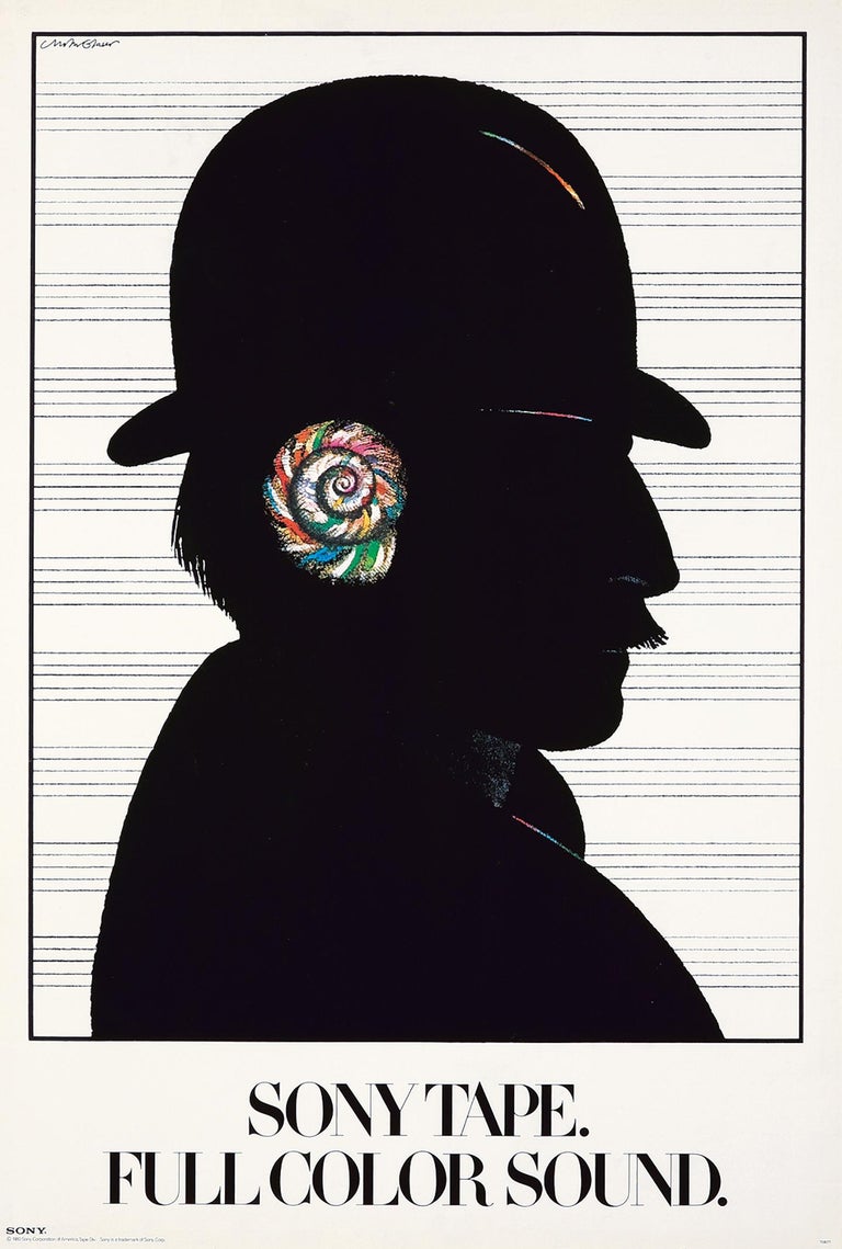 Milton Glaser Sony Tape, Full Color Sound poster 1980:
Vintage original 1980s Milton Glaser poster designed by Glaser for the world-recognized brand Sony. A classic Milton Glaser advertising design featuring the profile of a 19th-century music