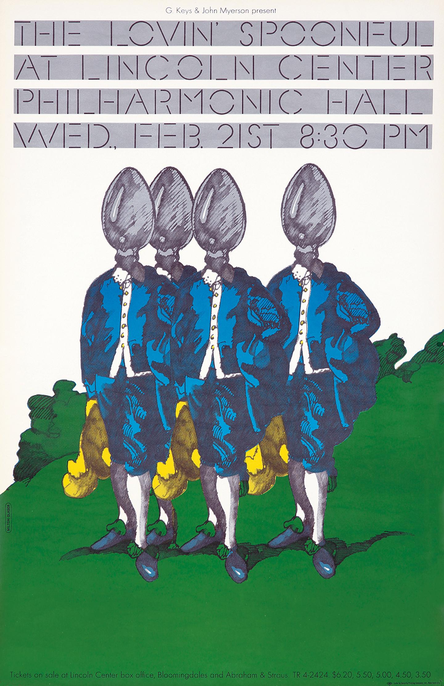 1970s Milton Glaser Poster Art: 
Milton Glaser The Lovin' Spoonful: Vintage original Milton Glaser poster c.1972. Designed by Milton Glaser on the occasion of: "The Lovin' Spoonful at Lincoln Center Philharmonic Hall."

Offset lithograph poster in
