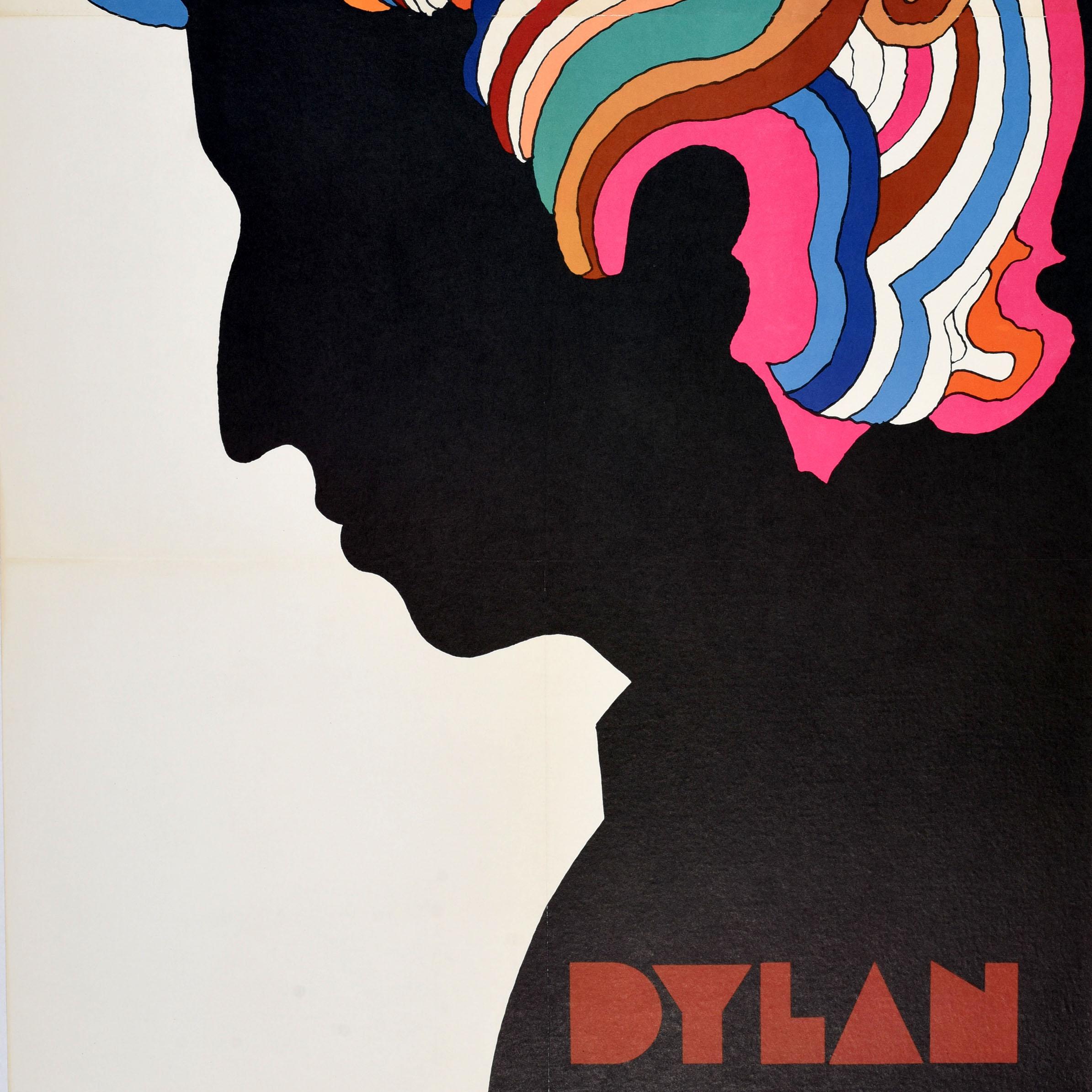 Original vintage music poster from the sixties psychedelic era featuring an iconic image of the influential musician Bob Dylan (Robert Allen Zimmerman; b 1941). This colourful design depicting Dylan's profile with swirling hair by the notable