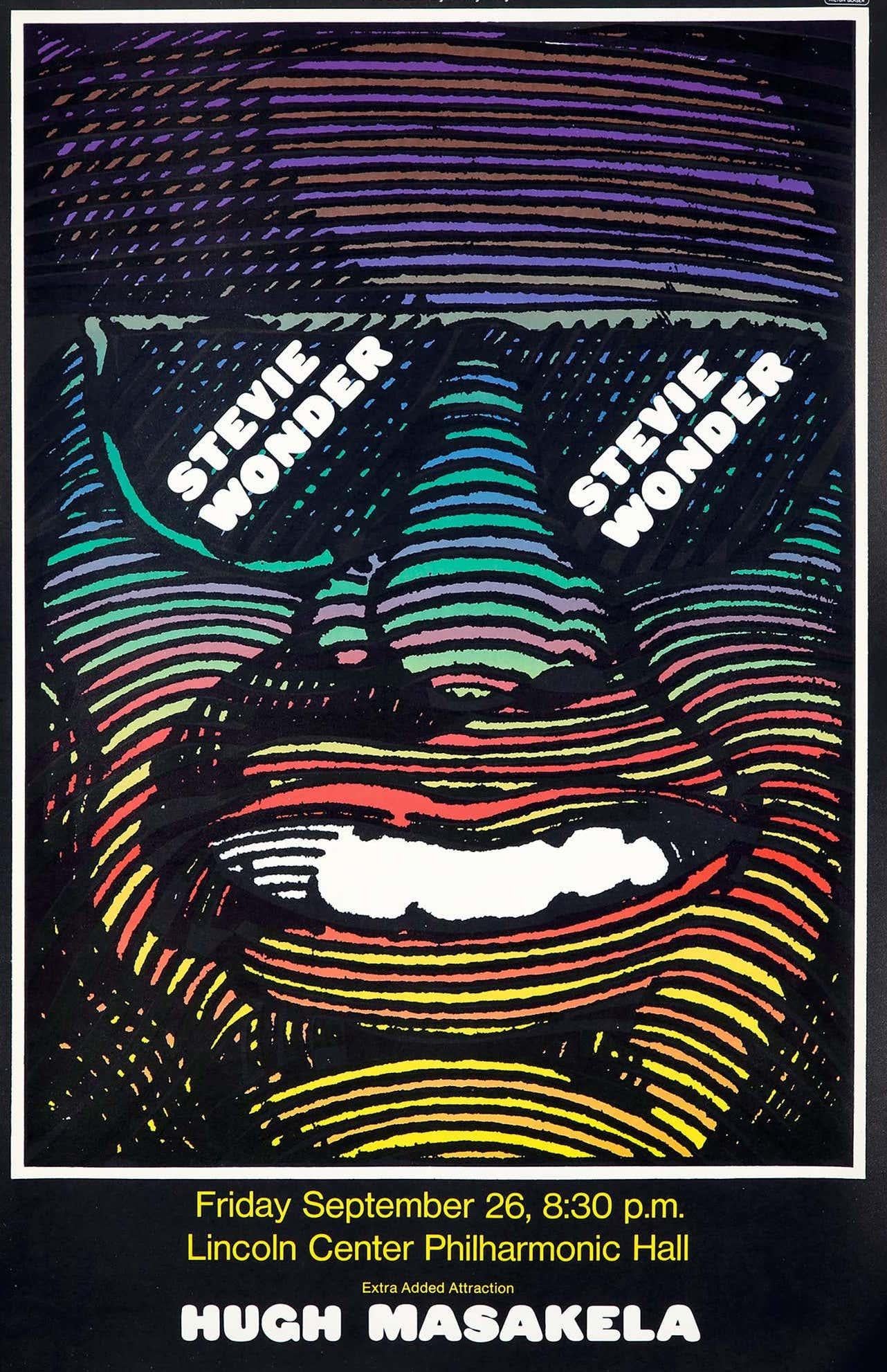 Milton Glaser Poster for Stevie Wonder at New York's Philharmonic Hall, 1968: 
Vintage original 1968 Milton Glaser Stevie Wonder concert poster designed by the legendary designer for a concert featuring Stevie Wonder and Hugh Masakela at New York