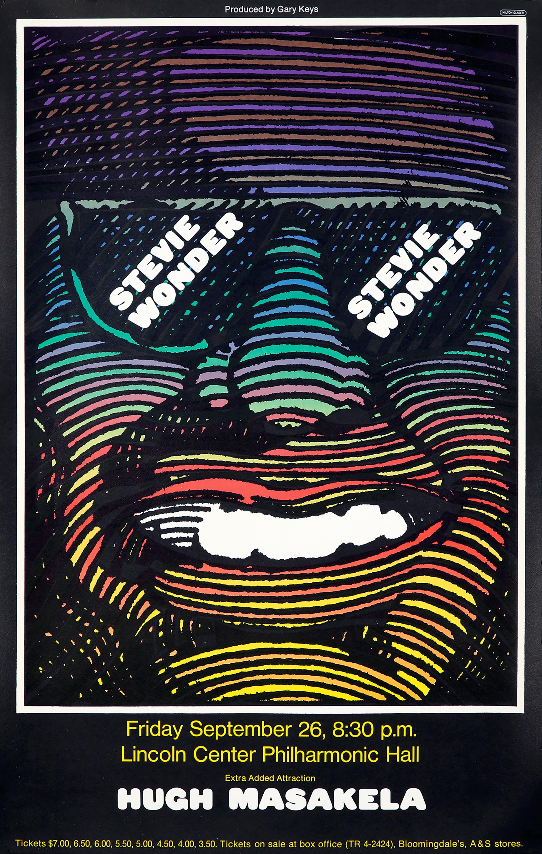 Affiche de Milton Glaser pour Stevie Wonder au Philharmonic Hall de New York, 1968 : 
Affiche originale de 1968 du concert Stevie Wonder de Milton Glaser, conçue par le légendaire designer pour un concert de Stevie Wonder et Hughes Masakela au