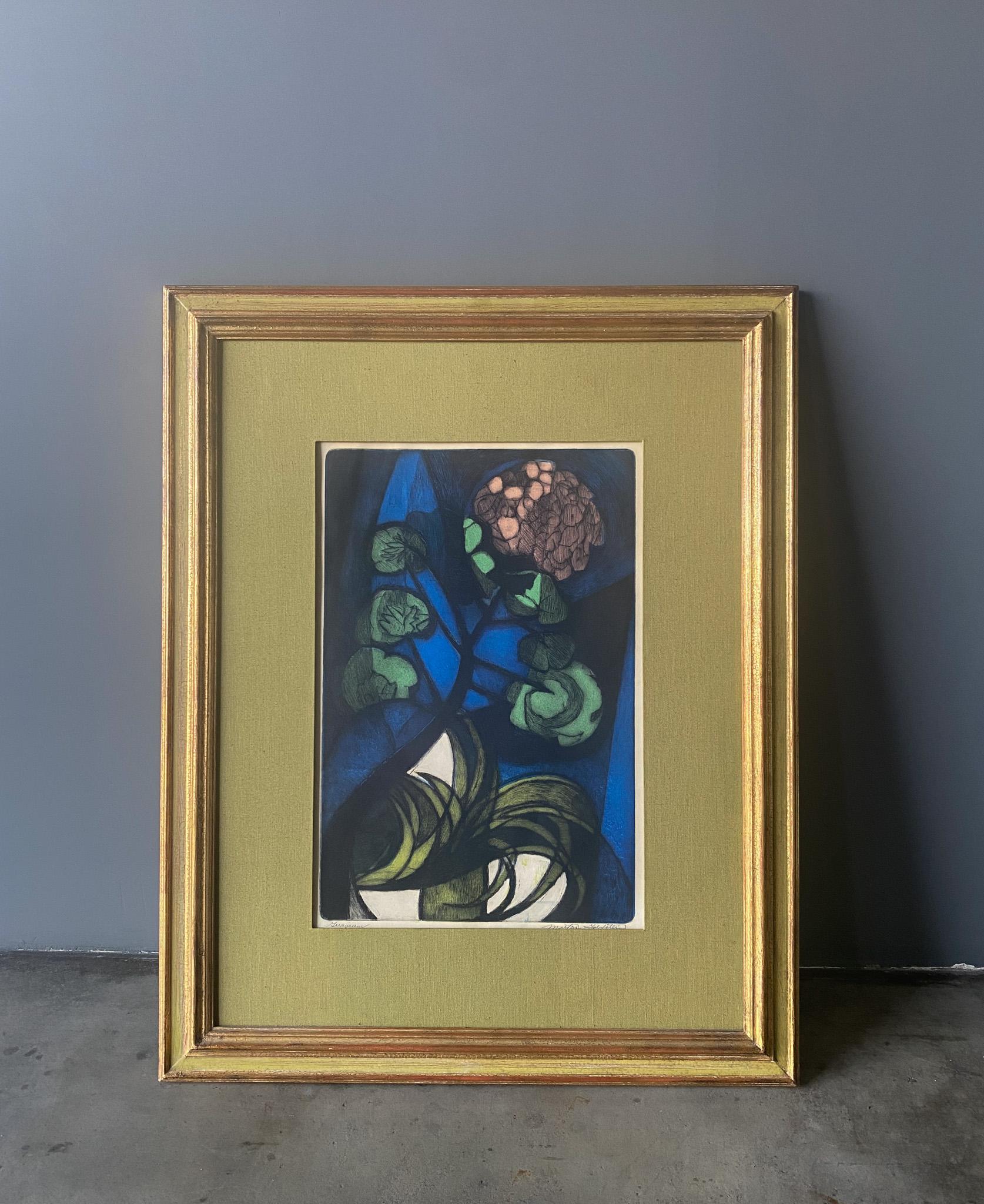 Mid-Century Modern Milton Goldstein Geranium Flower Signed Etching Print on Paper, 1965 For Sale