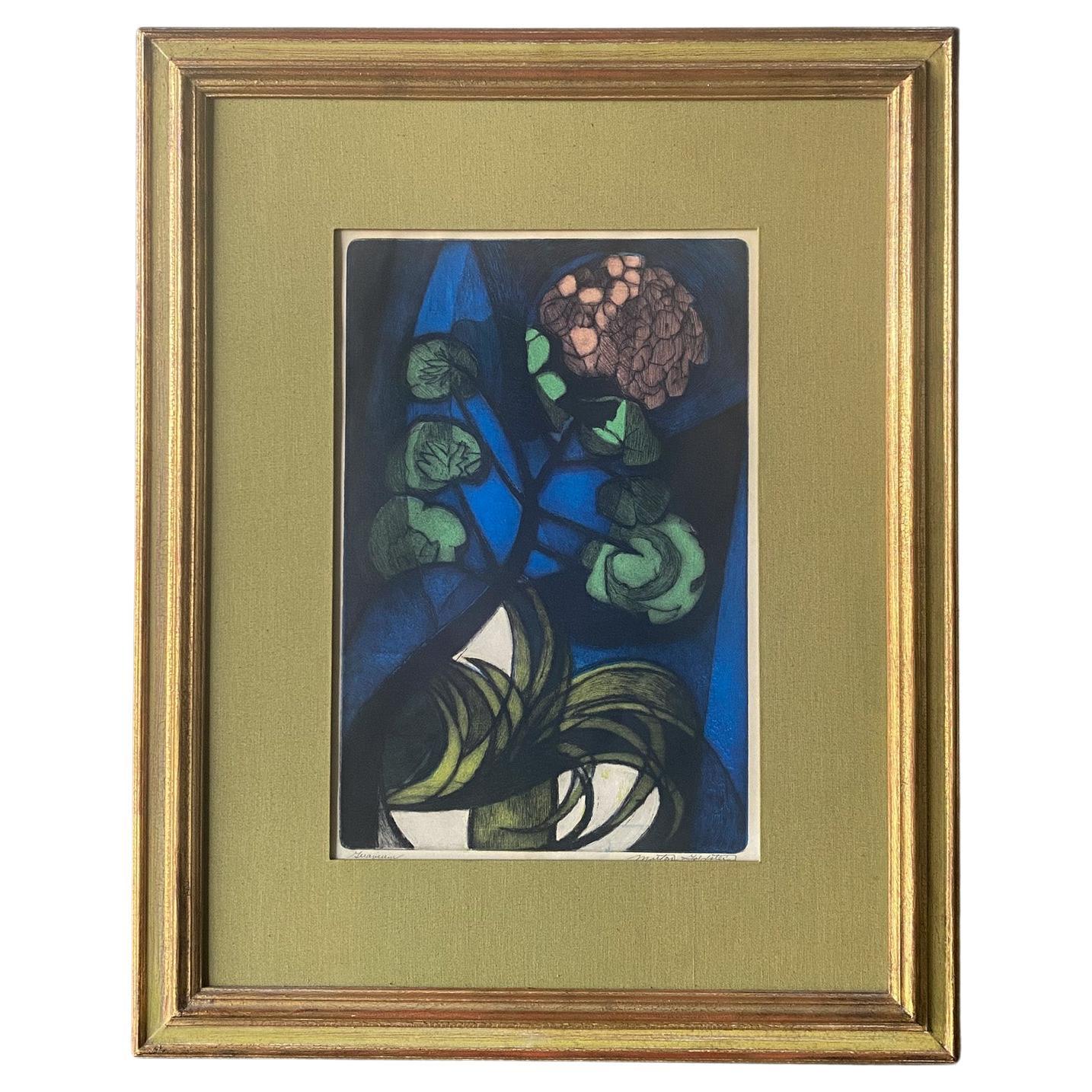 Milton Goldstein Geranium Flower Signed Etching Print on Paper, 1965 For Sale
