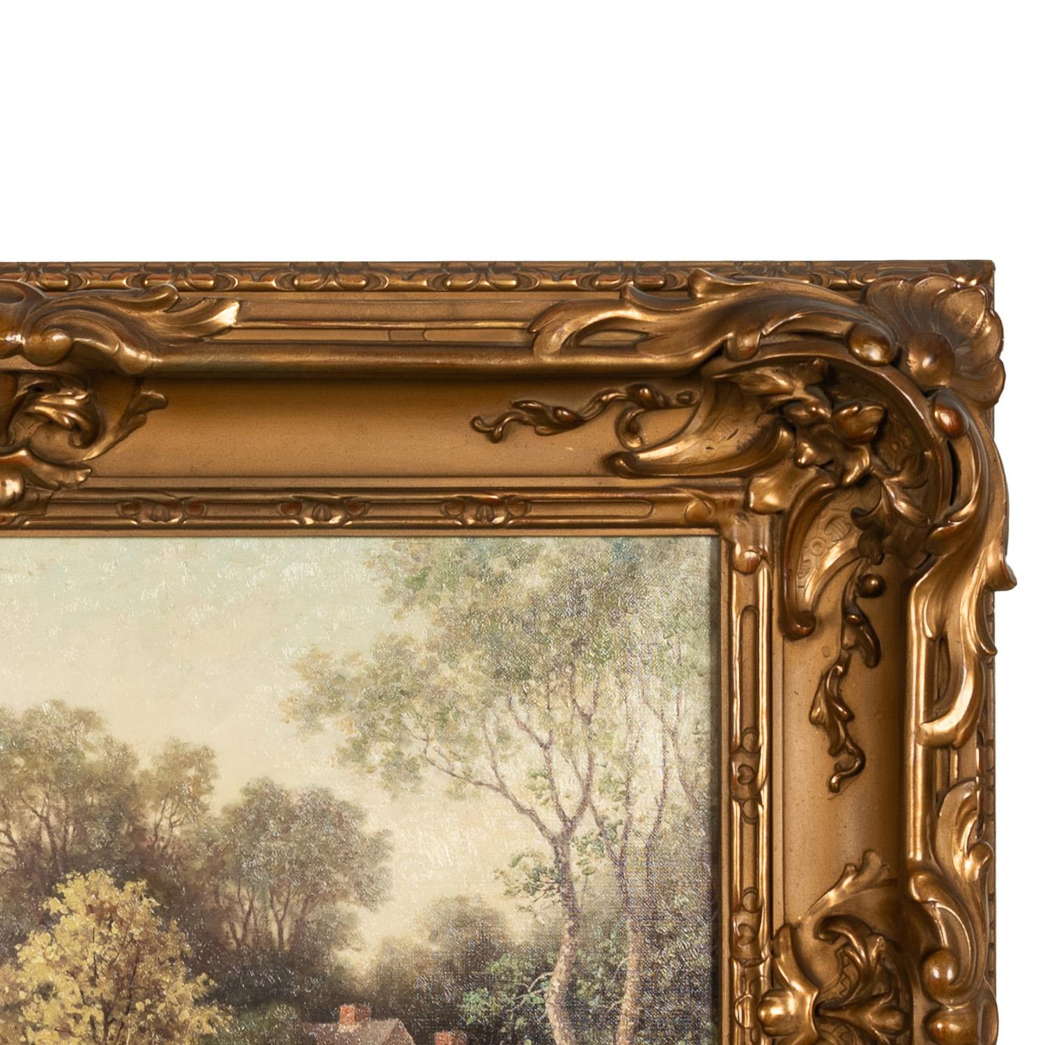 Antique American New England Summer Landscape Oil Canvas Painting Cottage Scene For Sale 7