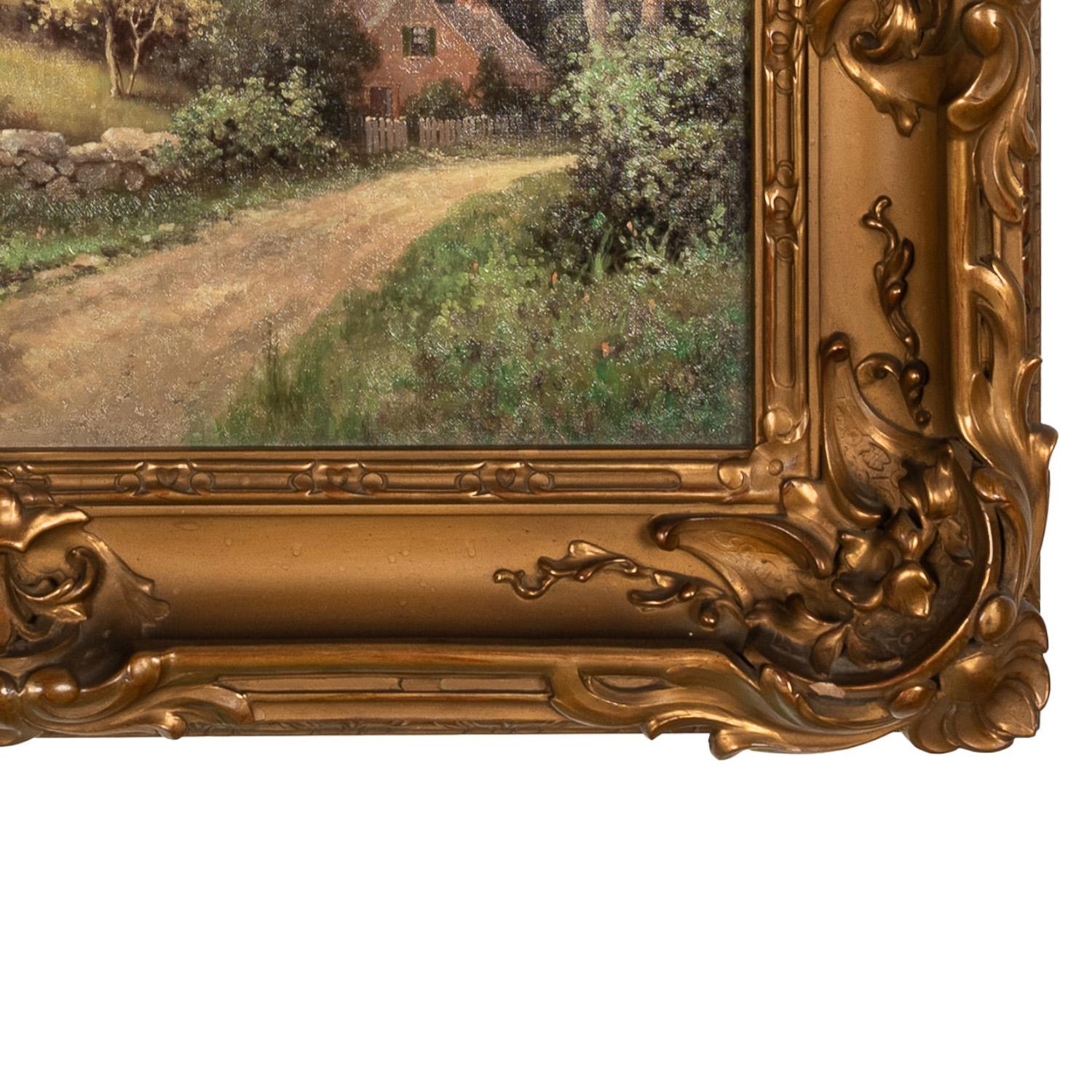 Antique American New England Summer Landscape Oil Canvas Painting Cottage Scene For Sale 9