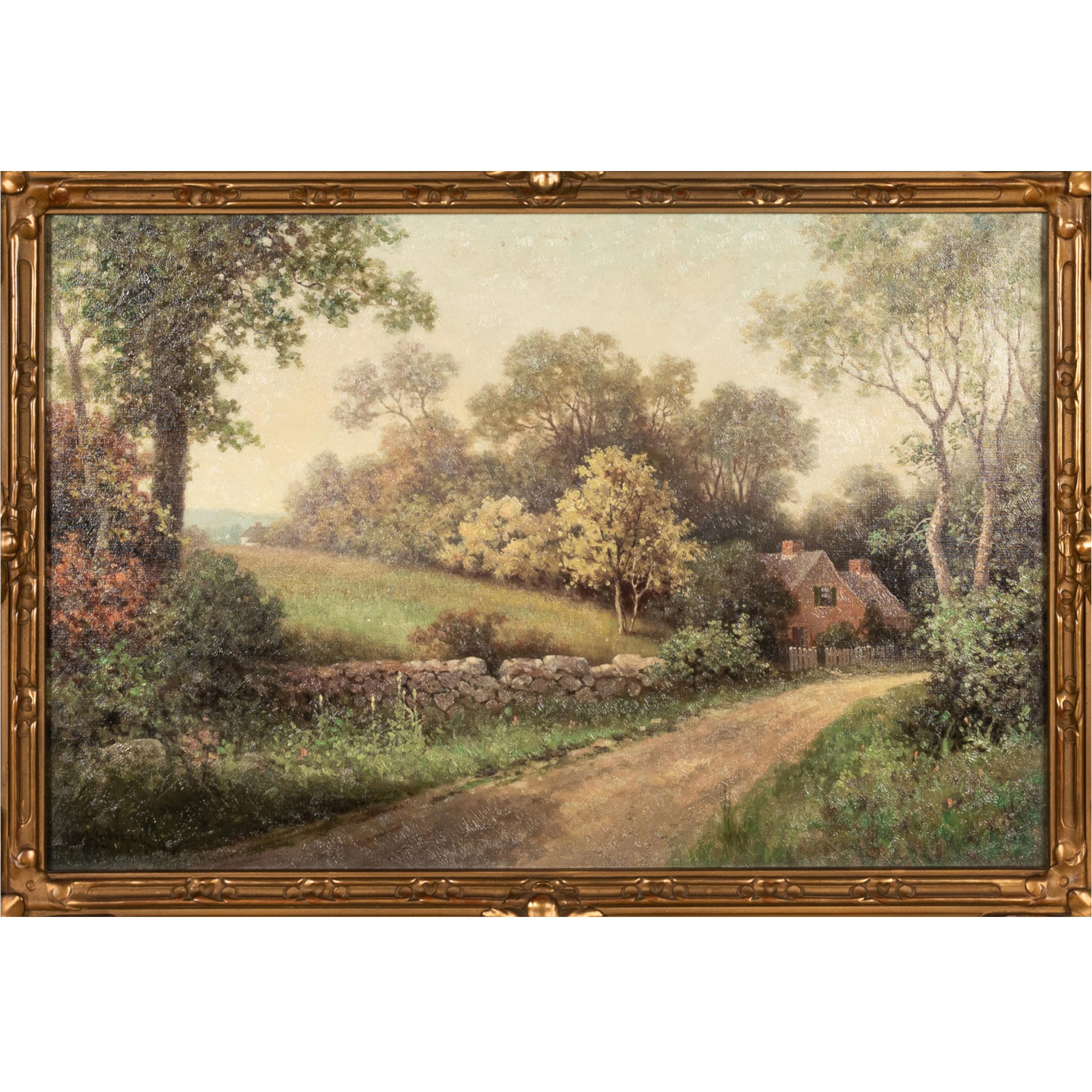Antique American New England Summer Landscape Oil Canvas Painting Cottage Scene - Brown Landscape Painting by Milton H. Lowell