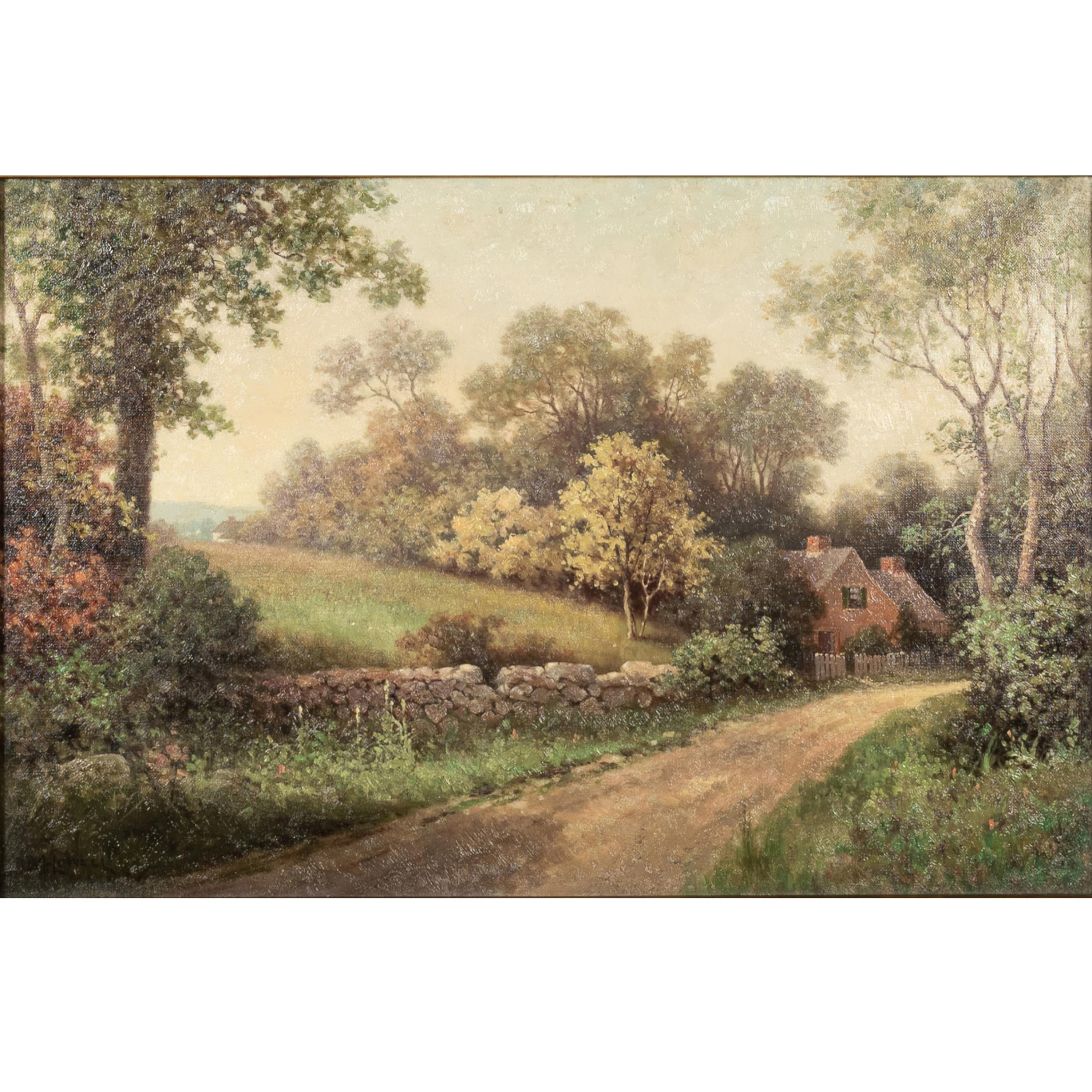 A good antique antique oil on canvas New England landscape painting by Milton H. Lowell (1848-1927), signed, circa 1890.
A very beautiful painting of a New England cottage in a pastoral setting, the cottage at the end of a leafy tree-lined lane,