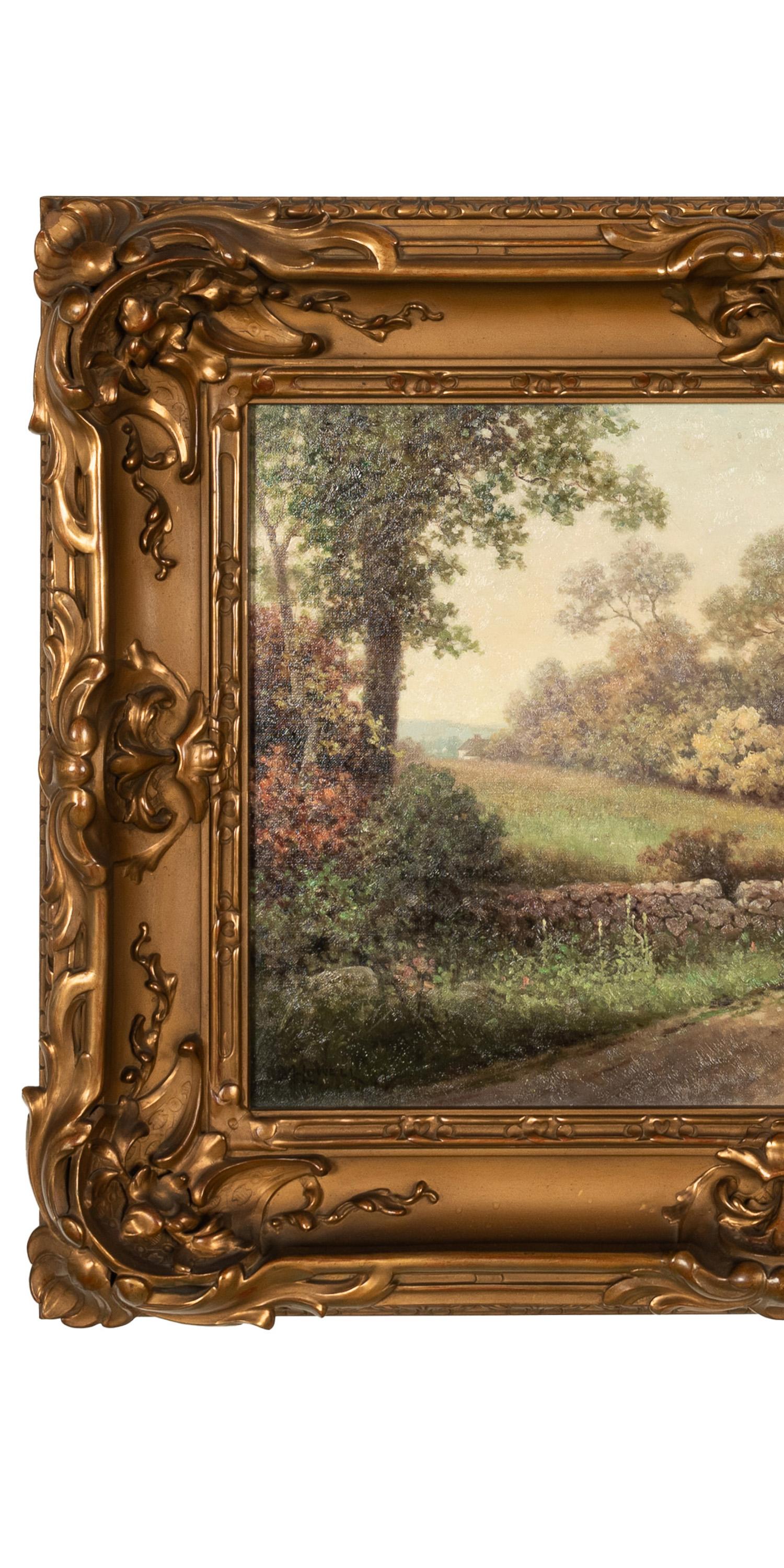 Antique American New England Summer Landscape Oil Canvas Painting Cottage Scene For Sale 1