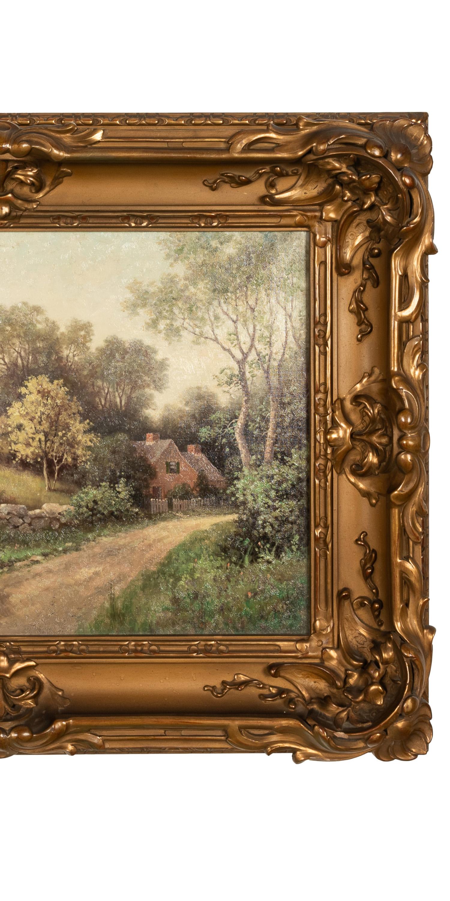 Antique American New England Summer Landscape Oil Canvas Painting Cottage Scene For Sale 2