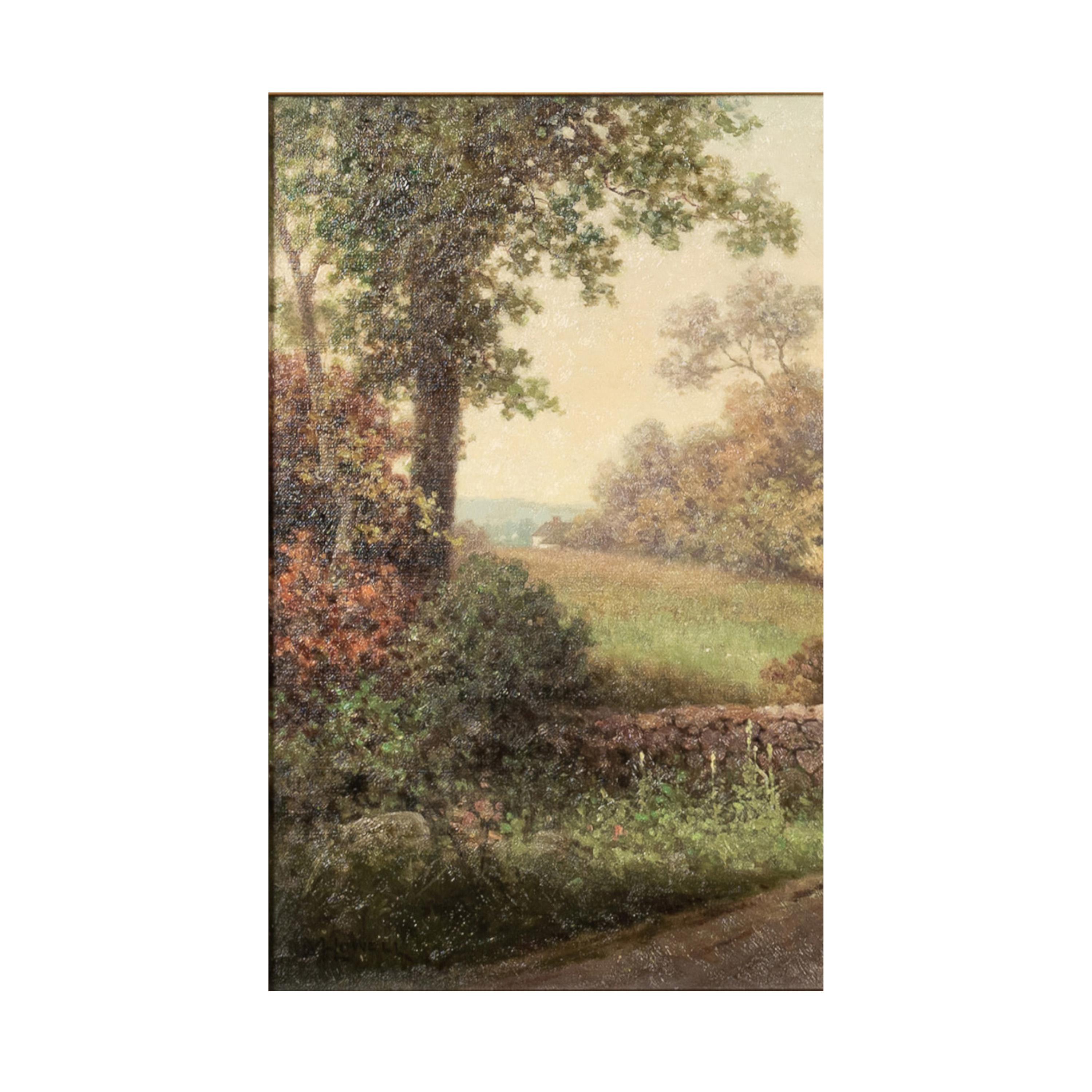 Antique American New England Summer Landscape Oil Canvas Painting Cottage Scene For Sale 3