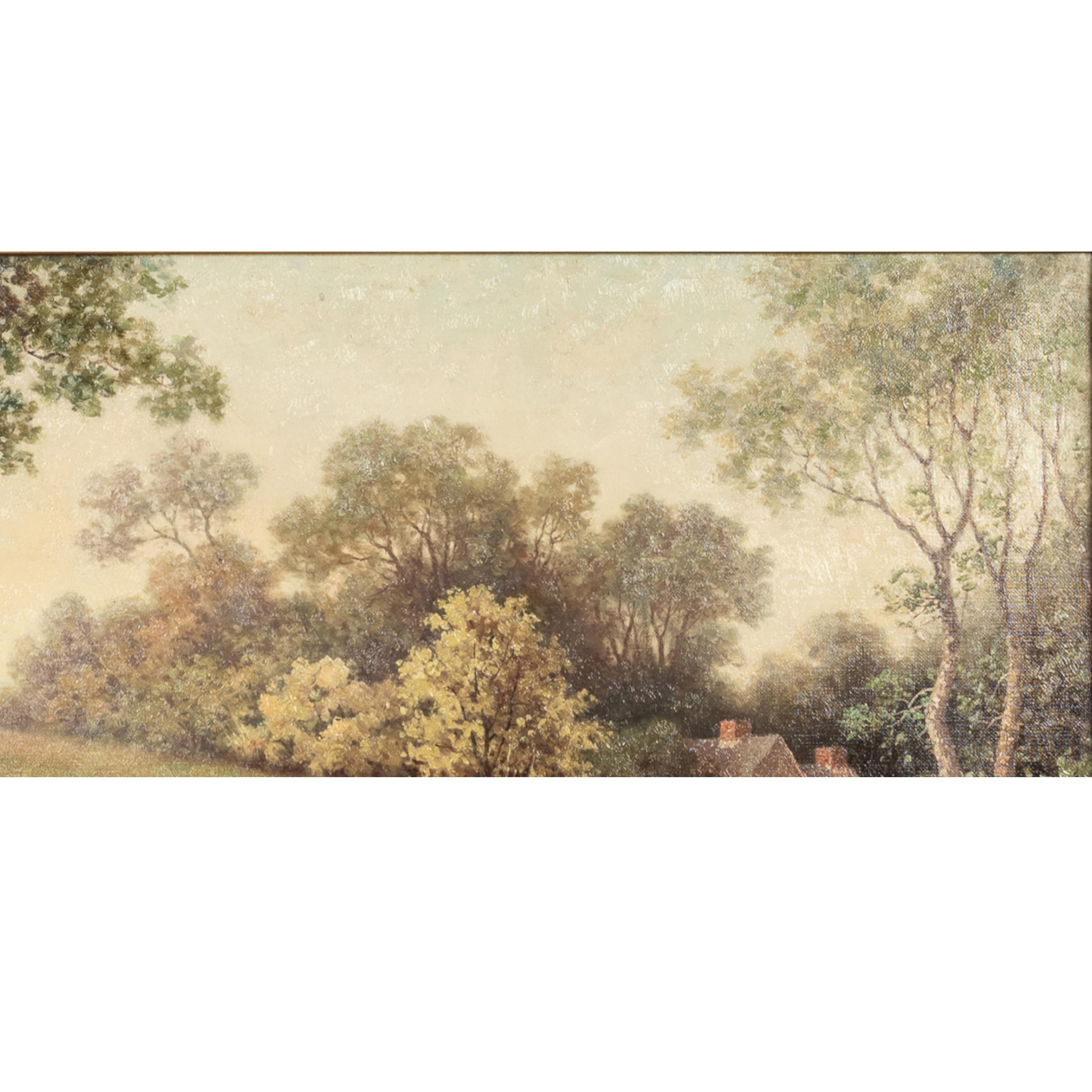 Antique American New England Summer Landscape Oil Canvas Painting Cottage Scene For Sale 4