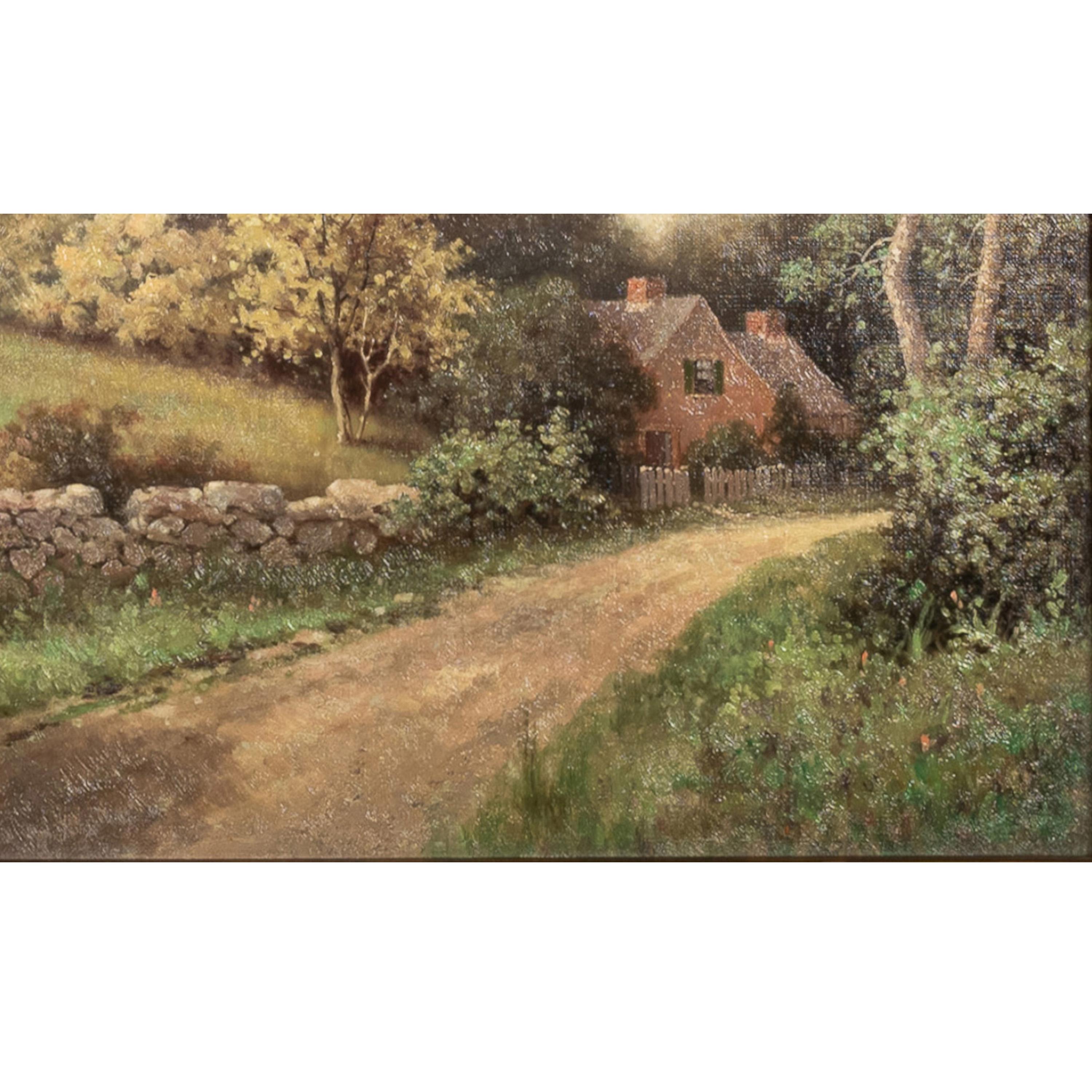 Antique American New England Summer Landscape Oil Canvas Painting Cottage Scene For Sale 5