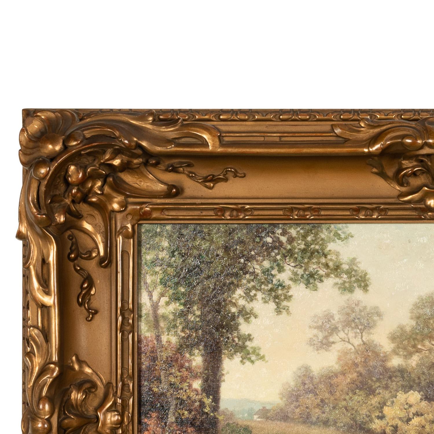 Antique American New England Summer Landscape Oil Canvas Painting Cottage Scene For Sale 6