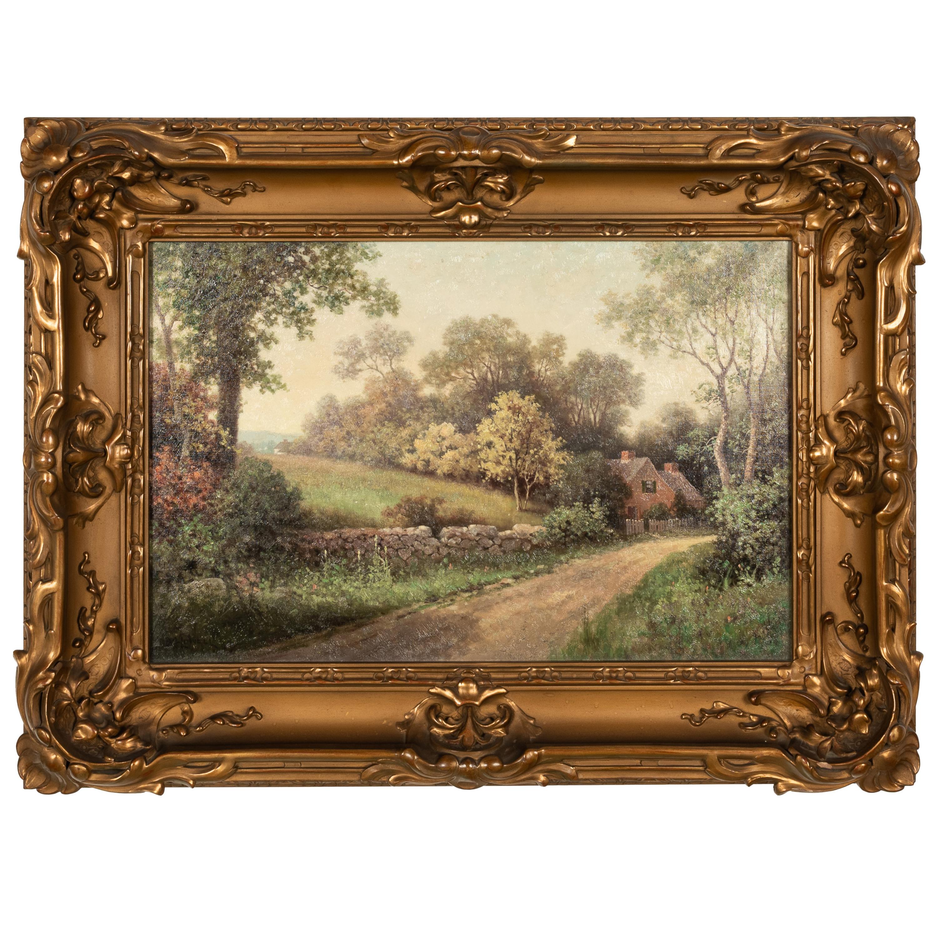 Milton H. Lowell Landscape Painting - Antique American New England Summer Landscape Oil Canvas Painting Cottage Scene