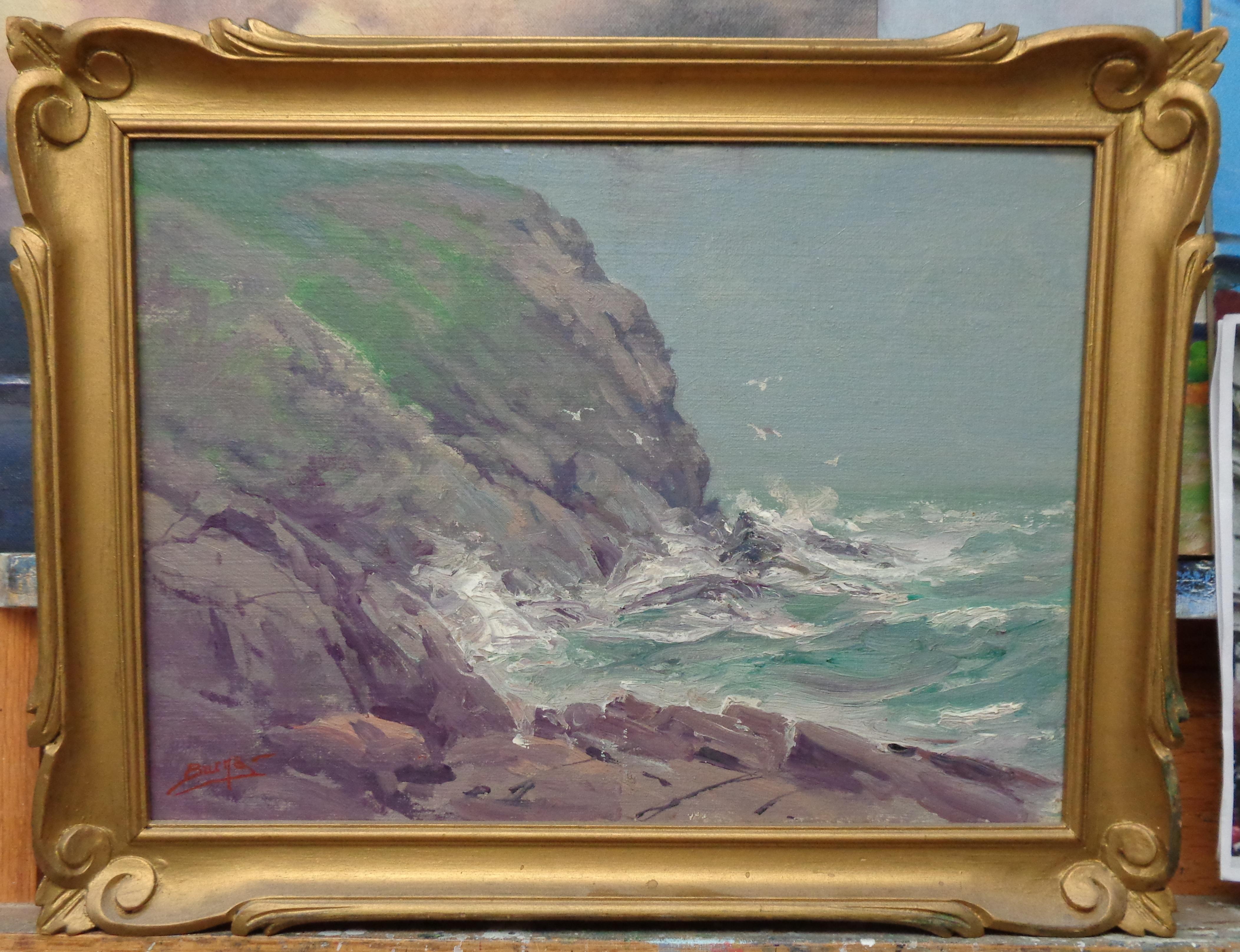 Costa rocosa, óleo sobre tabla Milton James Burns 1853-1933, miembro fundador de Salmagundi Artist en estado listo para colgar. La imagen mide 10 x 14 y está firmada en la parte inferior izquierda.
Pequeñas craqueladuras en las zonas de impasto