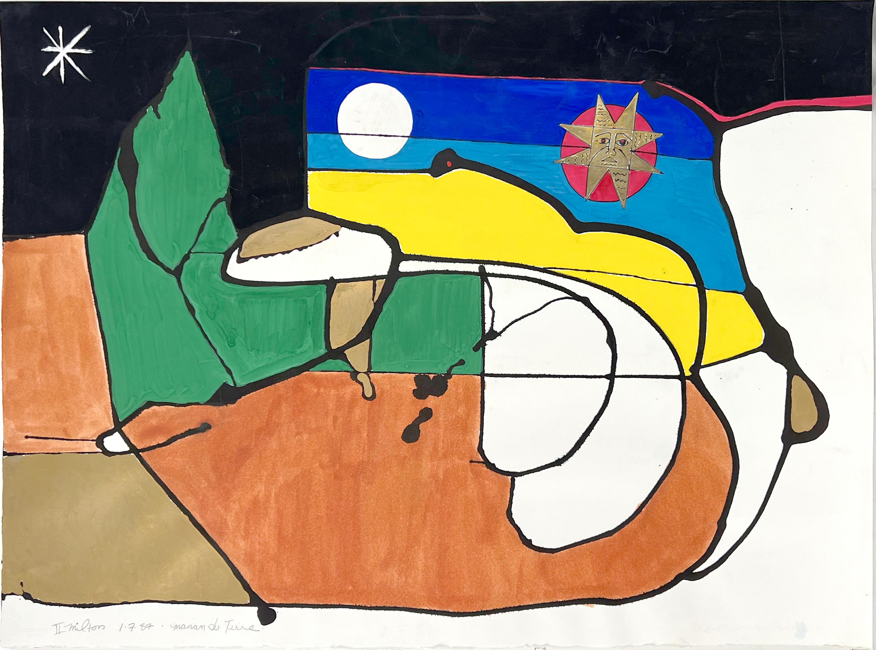Modernist abstract "Manan du Terre"  by LT Milton 1987
Abstract landscape on paper by Milton (American, 20th century). Bright colors in Gouache and Acrylic paints. A bold green mountain above and landscape titled Manan of the Earth and also titled