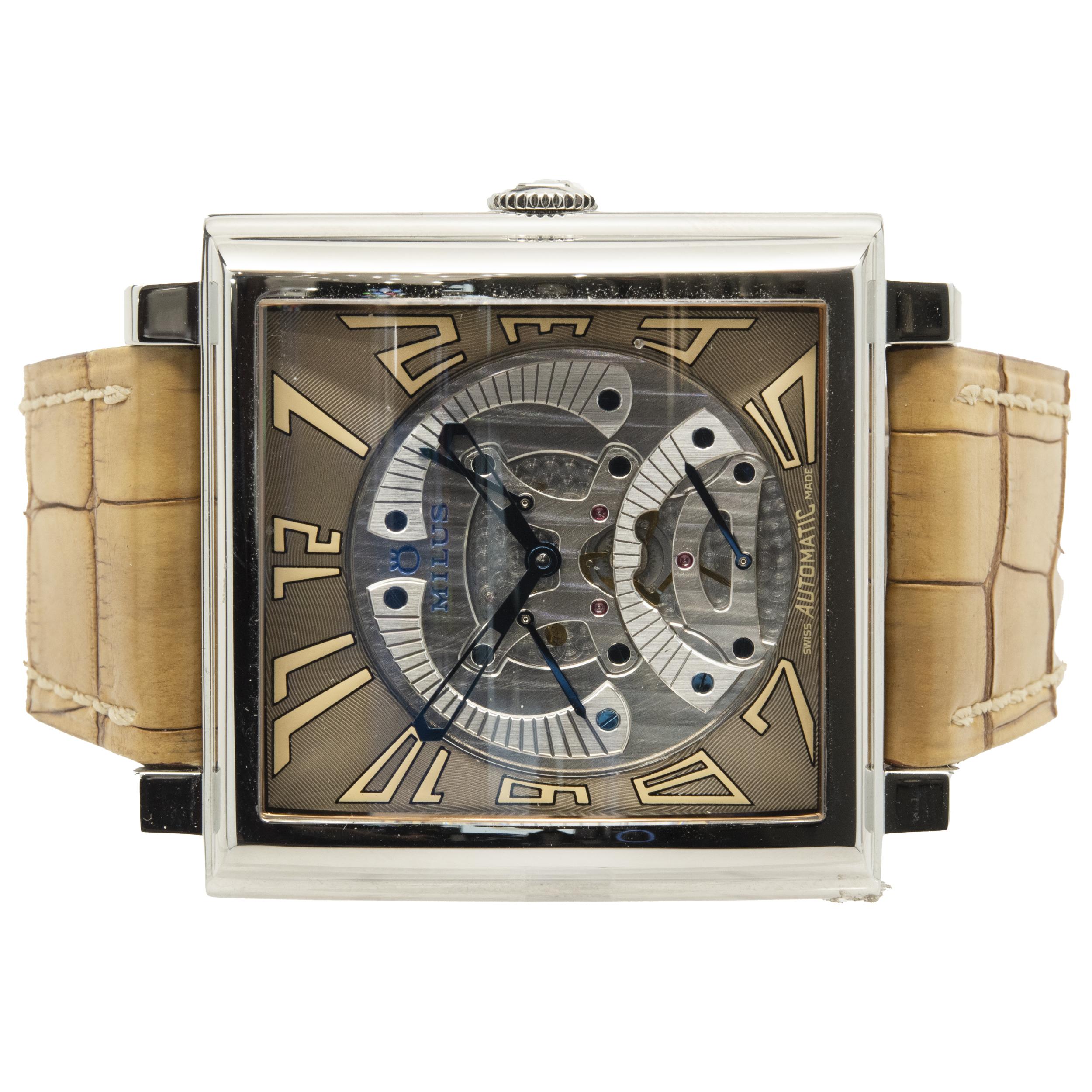 Movement: automatic
Function: hours, minutes, retrograde seconds, 
Case: 42 X 42mm rectangular case
Bracelet: Milus alligator strap with buckle 
Dial: brown skeleton dial, blue hour hands
Serial # HERT-SXXX-17XXX
Reference # HERT0003


Complete with