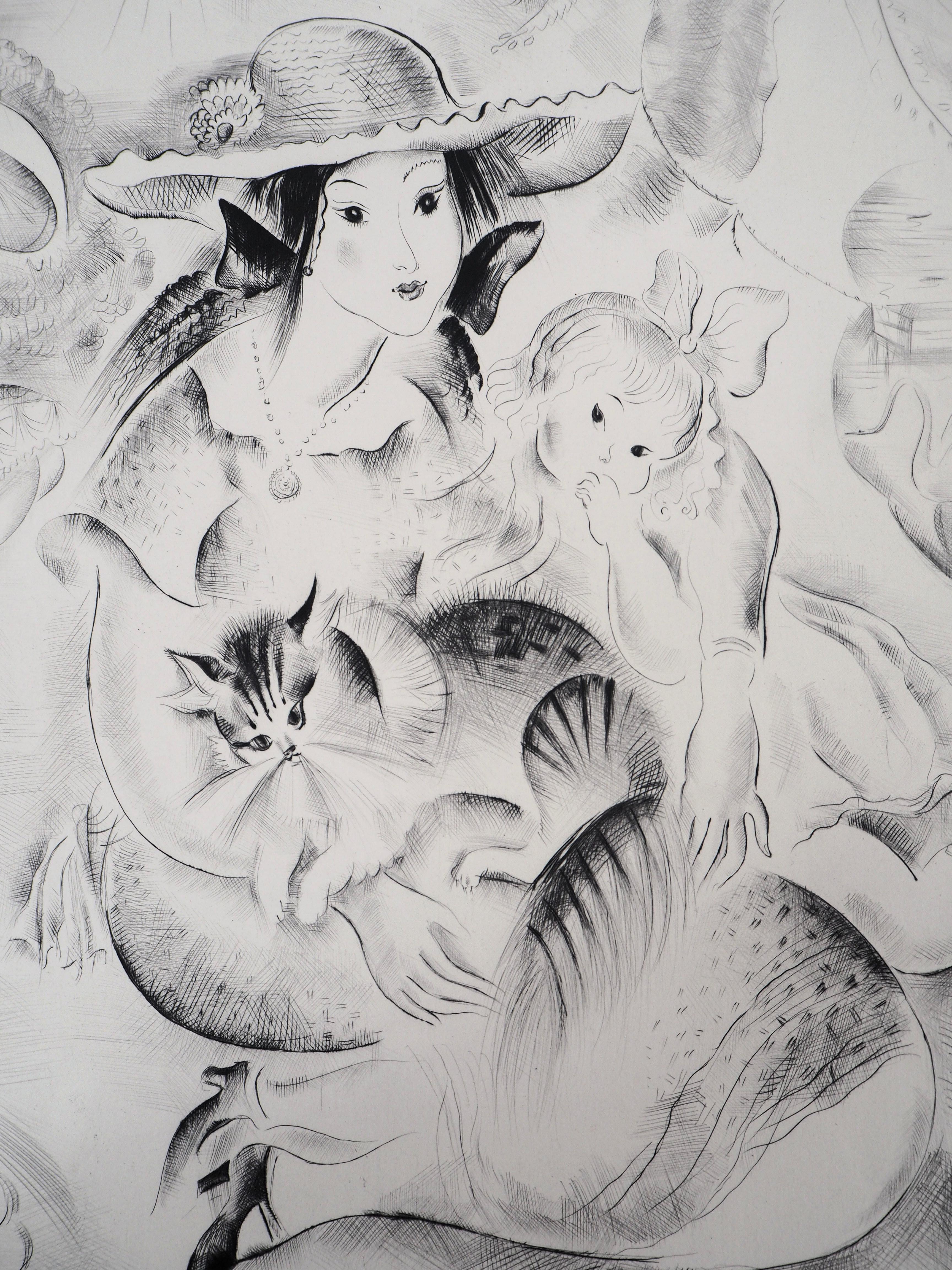 Un día soleado en el jardín - Grabado original firmado a mano - Figurative Print Gris de Mily Possoz