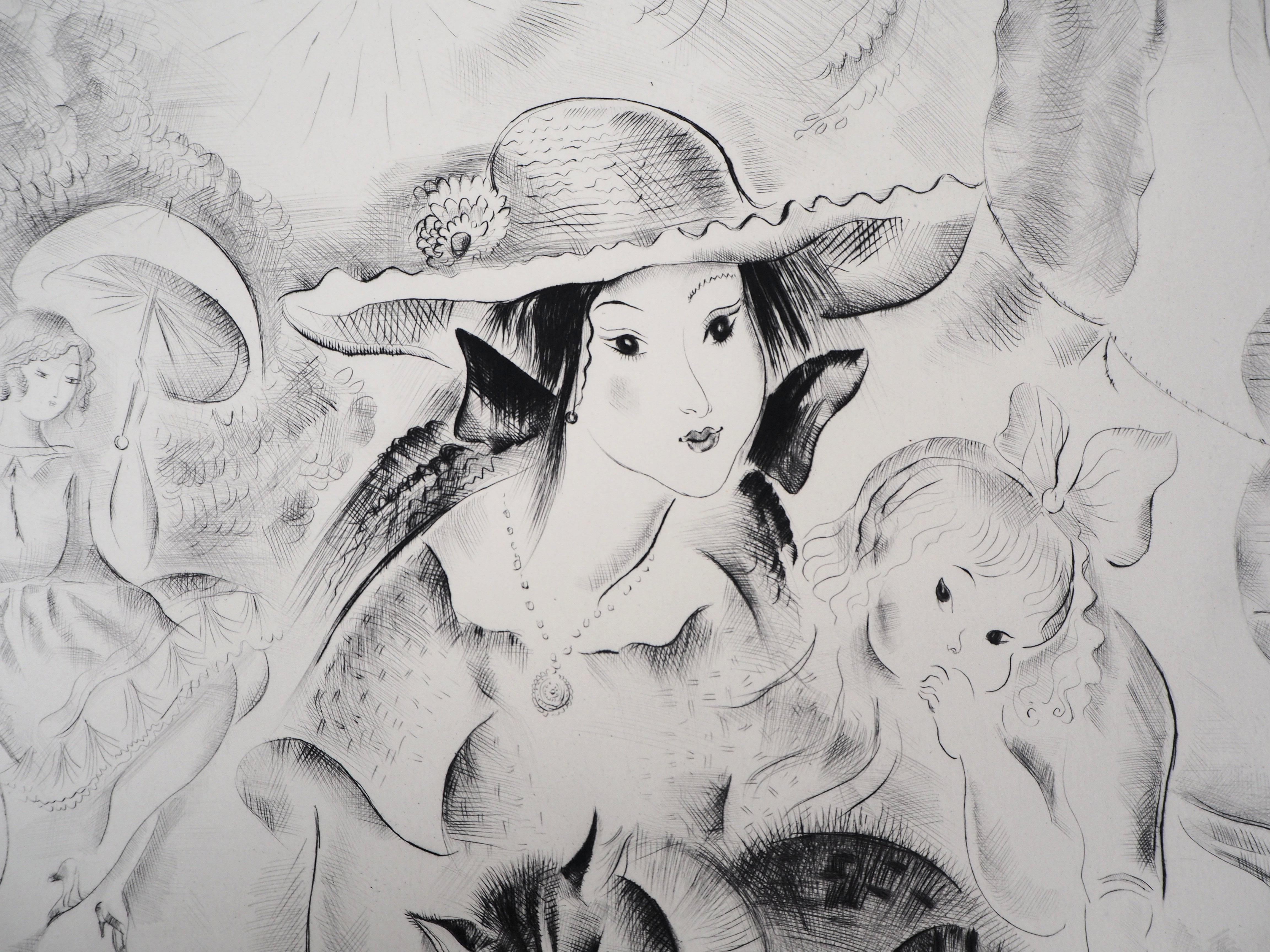 A Sunny Day In the Garden - Original Handsigned Etching - Gray Figurative Print by Mily Possoz