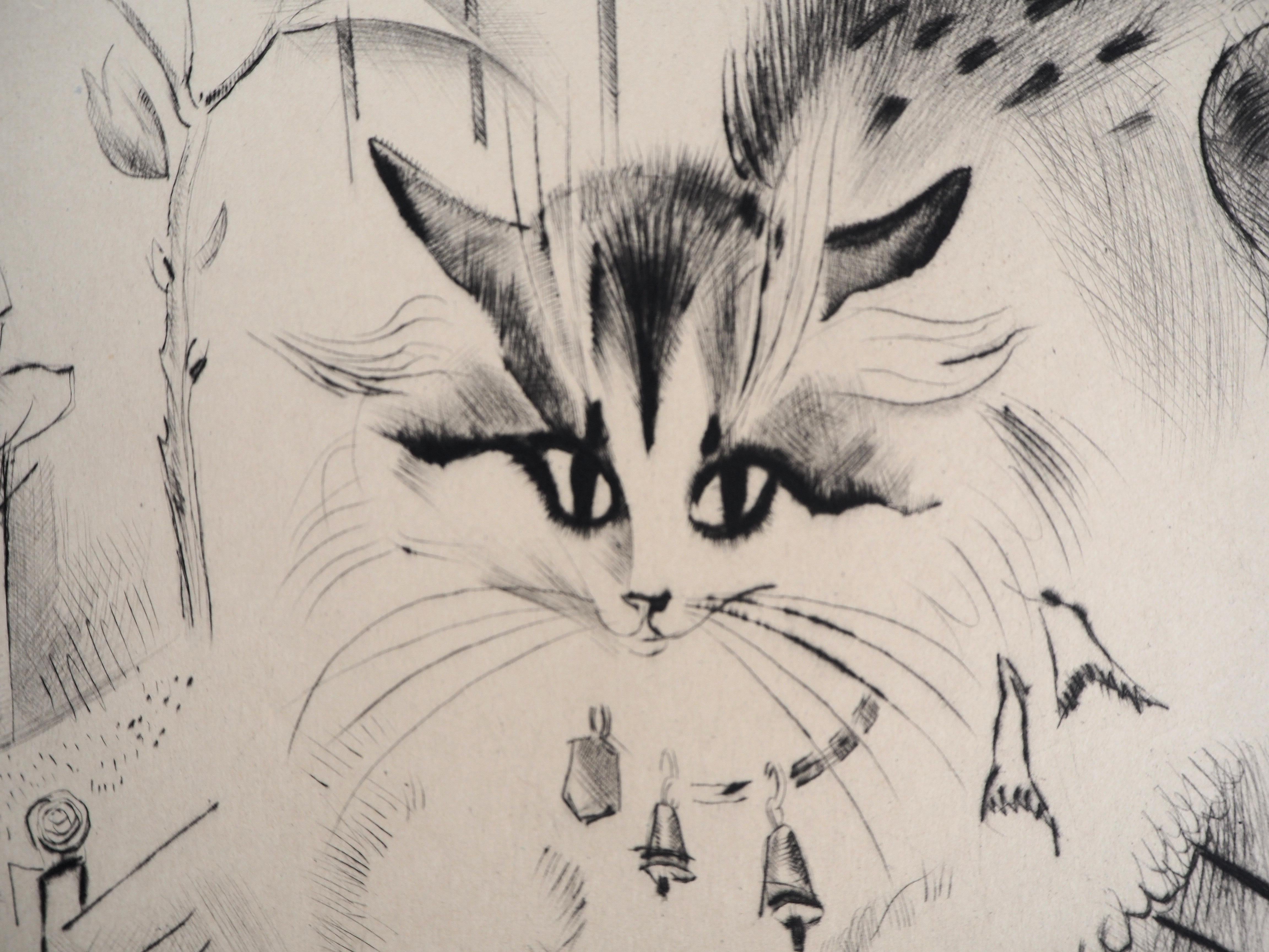 cat on the table - Original Handsigned Etching - Realist Print by Mily Possoz