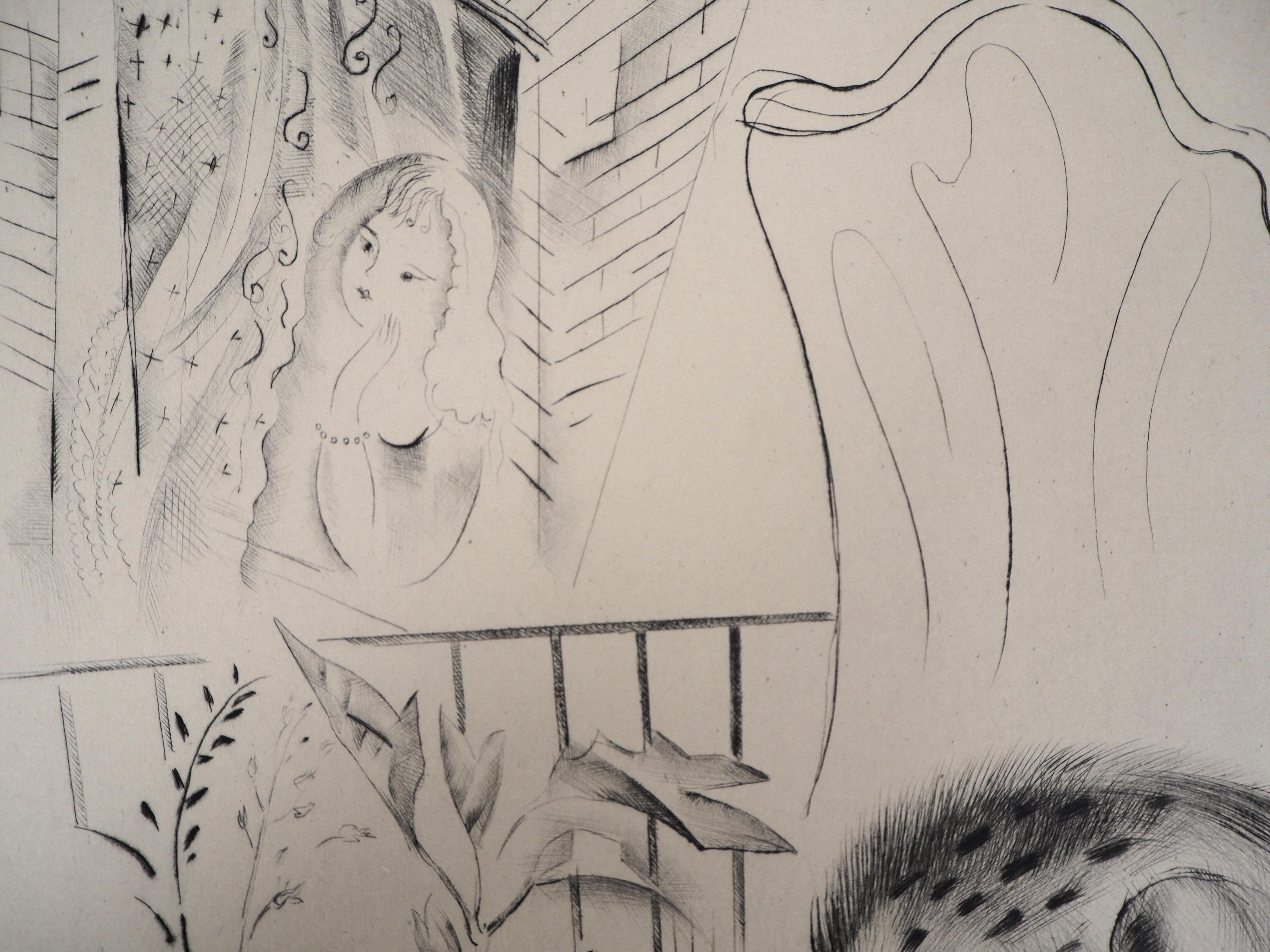 cat on the table - Original Handsigned Etching - Beige Figurative Print by Mily Possoz