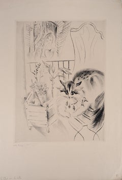 cat on the table - Original Handsigned Etching