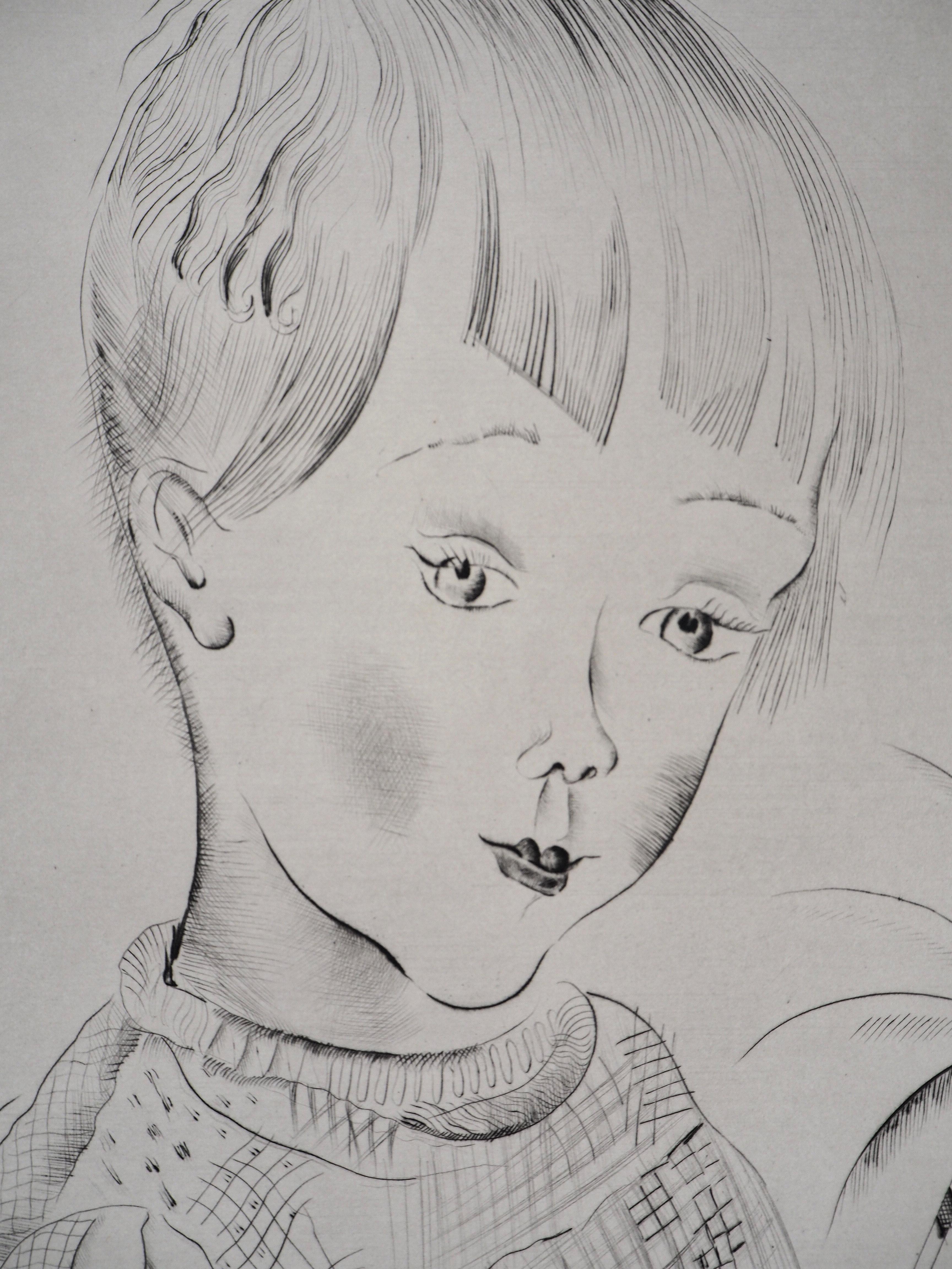 Little Girl With Her Toy - Original Handsigned Etching - Realist Print by Mily Possoz