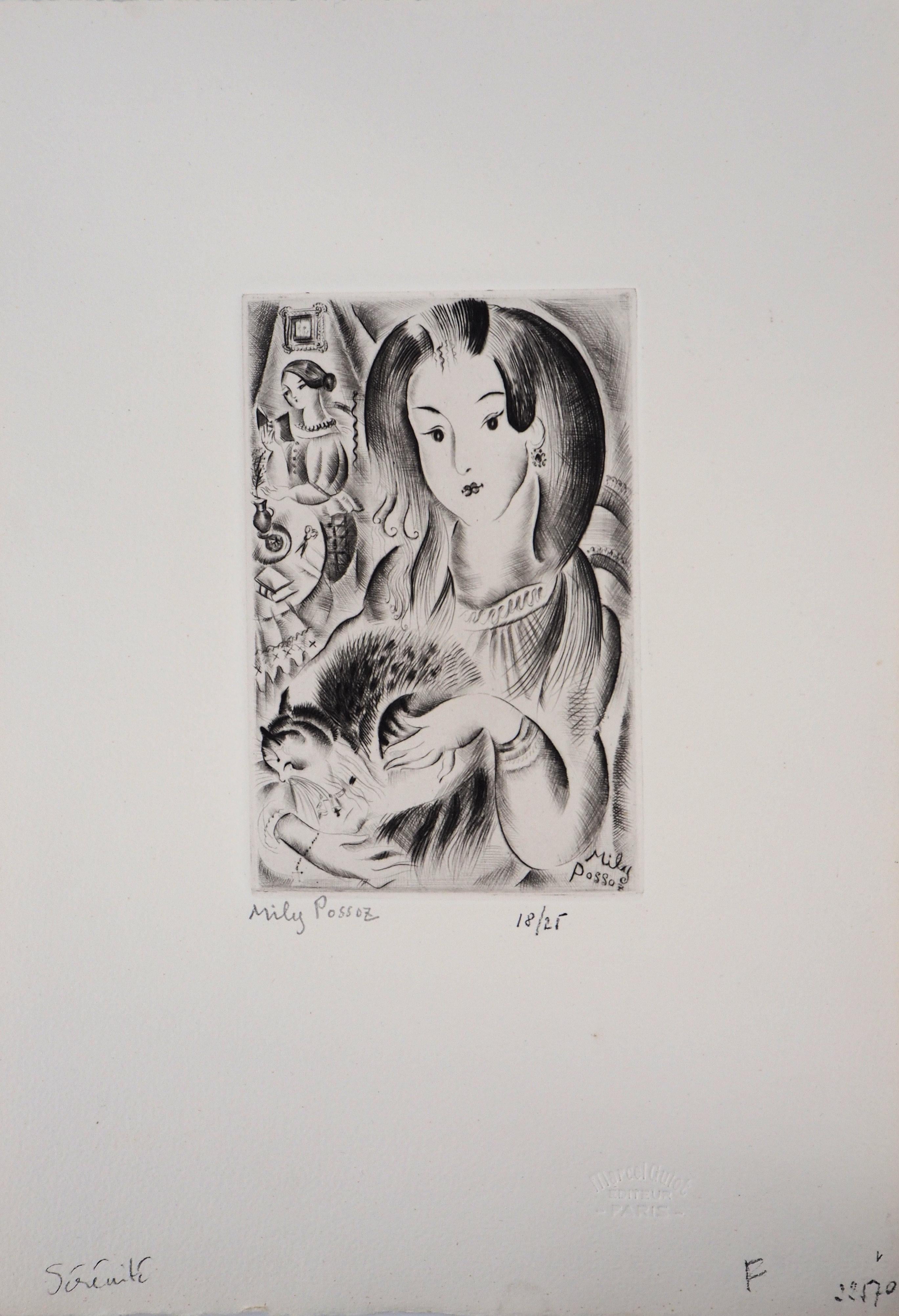 Mily Possoz Figurative Print - Serenity : Woman with Cat - Original Handsigned Etching