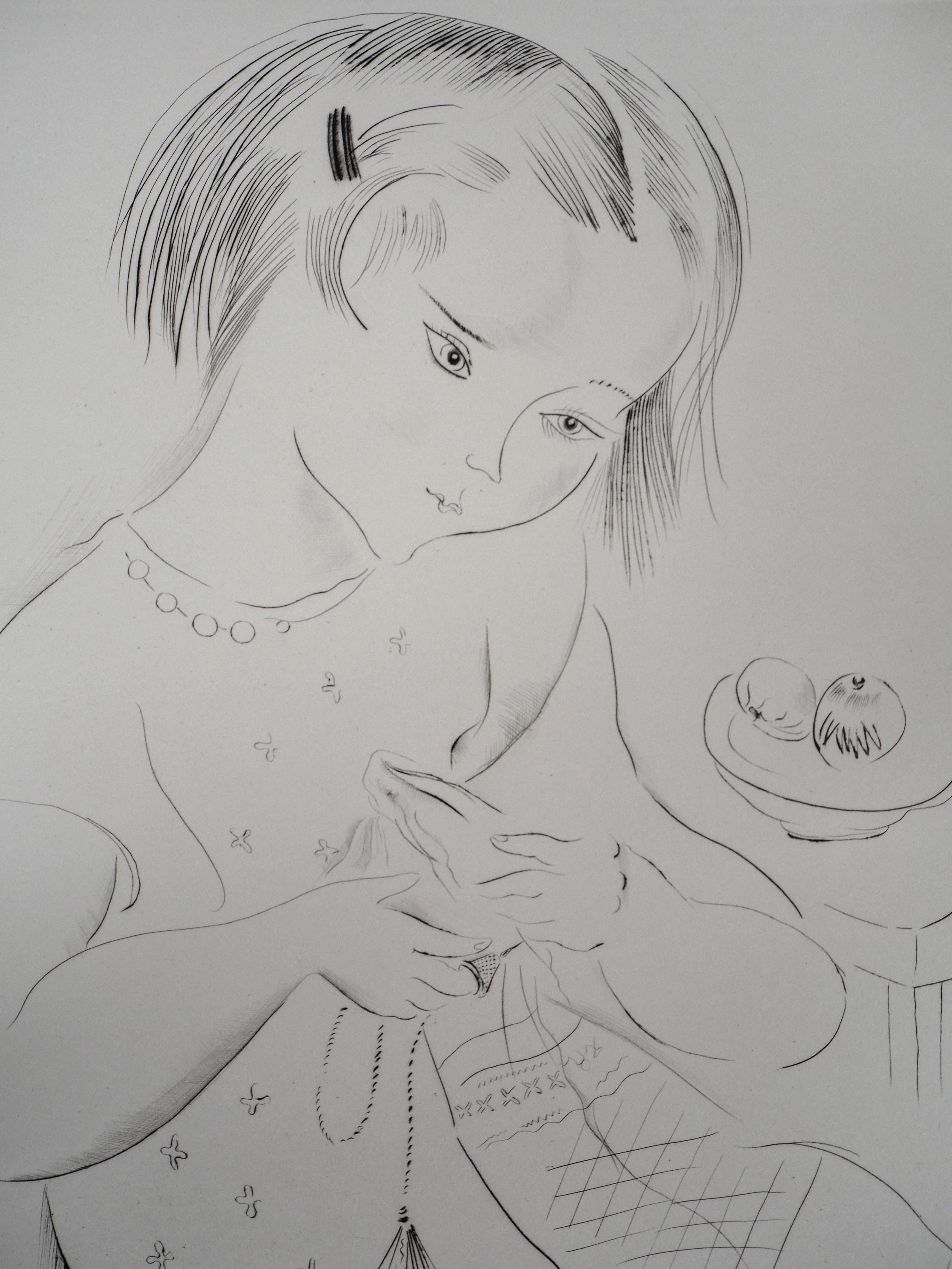Sewing Girl - Original Handsigned Etching - Realist Print by Mily Possoz