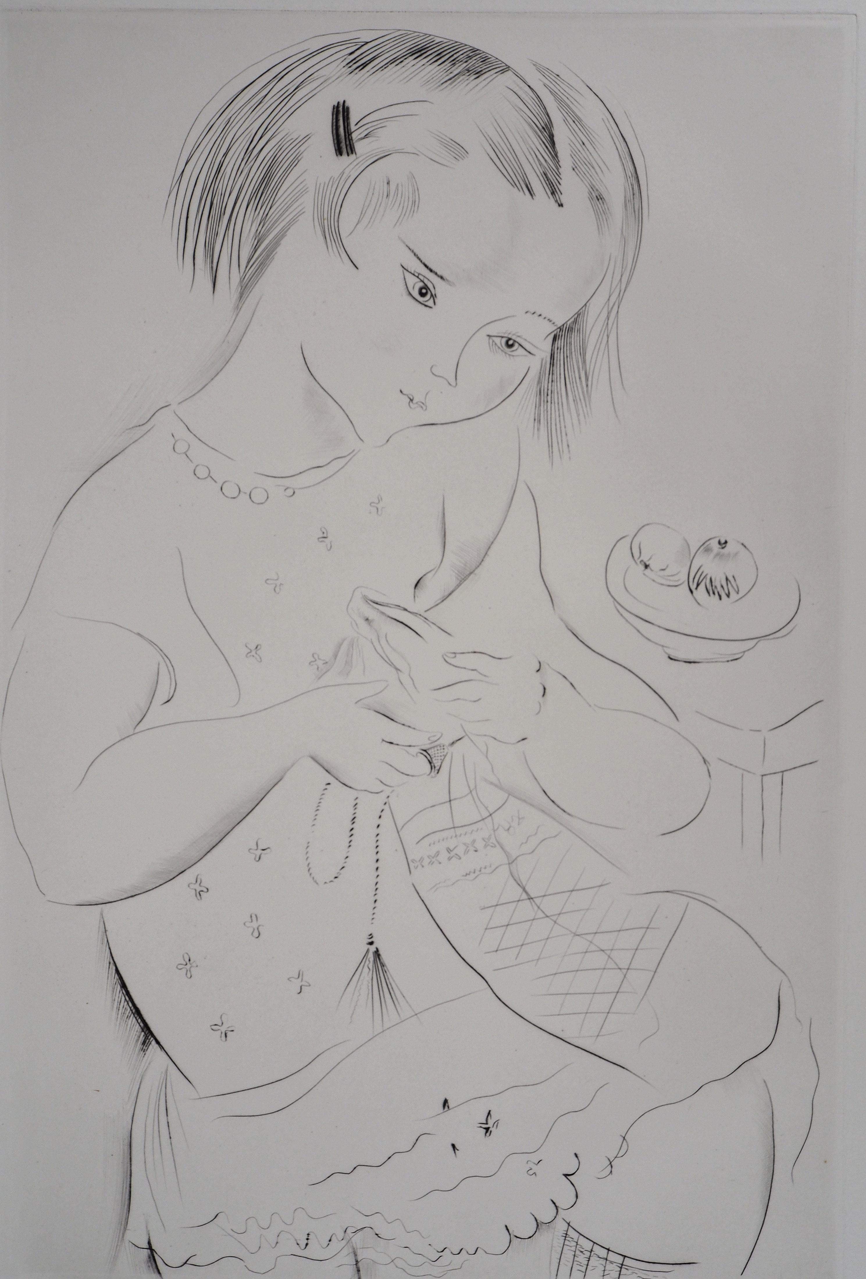 Sewing Girl - Original Handsigned Etching - Gray Figurative Print by Mily Possoz