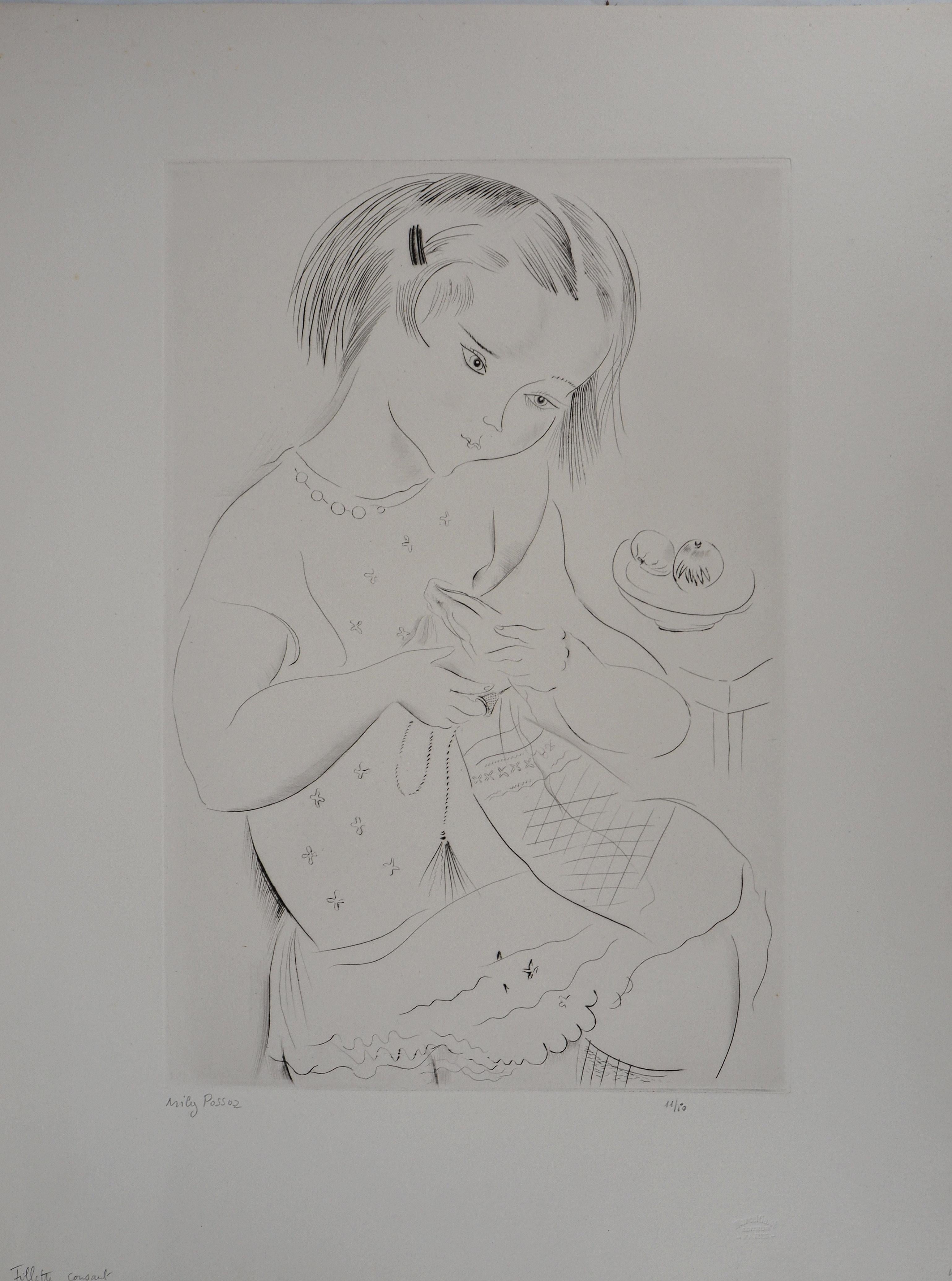 Mily Possoz Figurative Print - Sewing Girl - Original Handsigned Etching