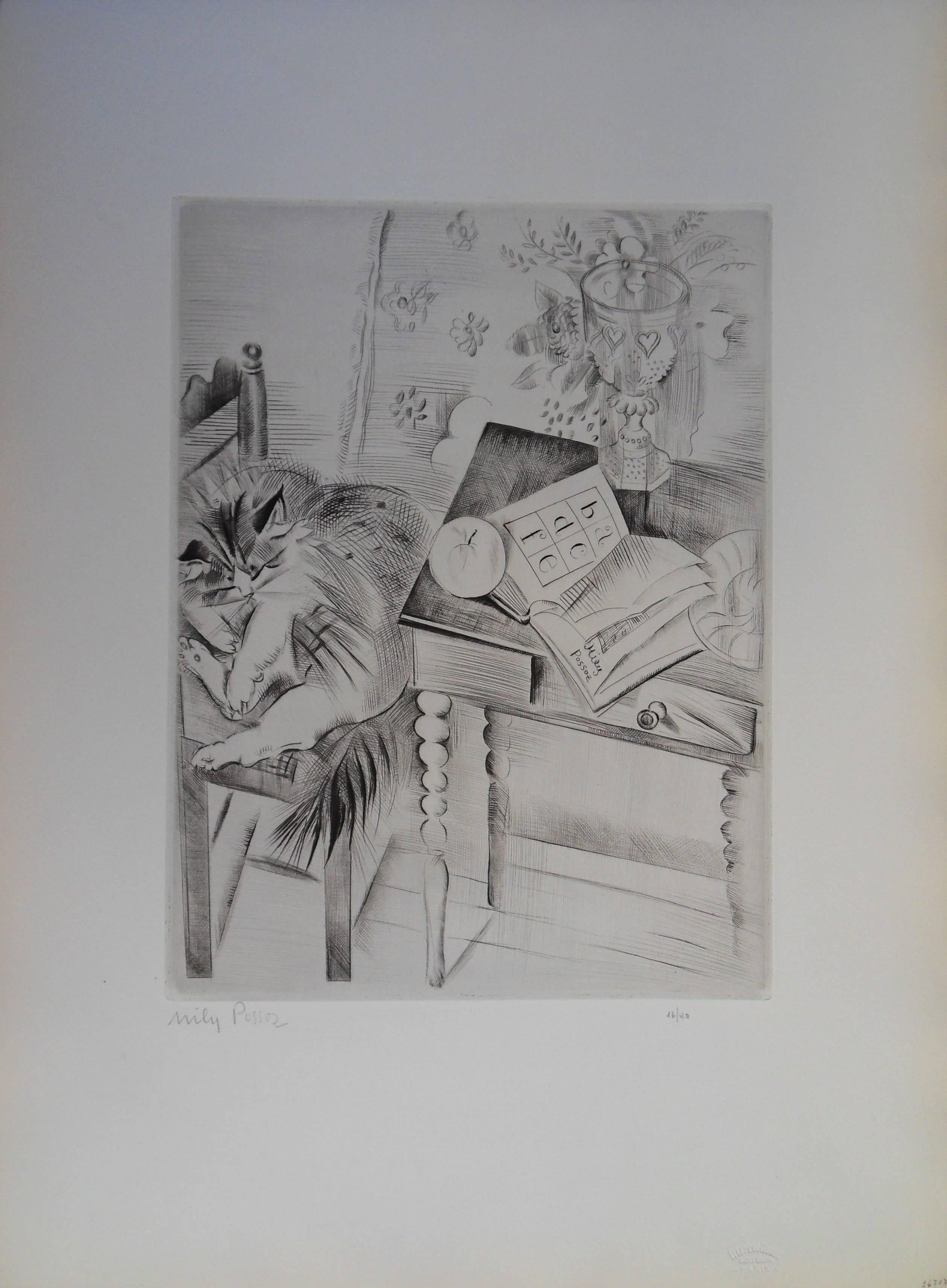 Mily Possoz Interior Print - Sleeping cat - Original Etching, Handsigned