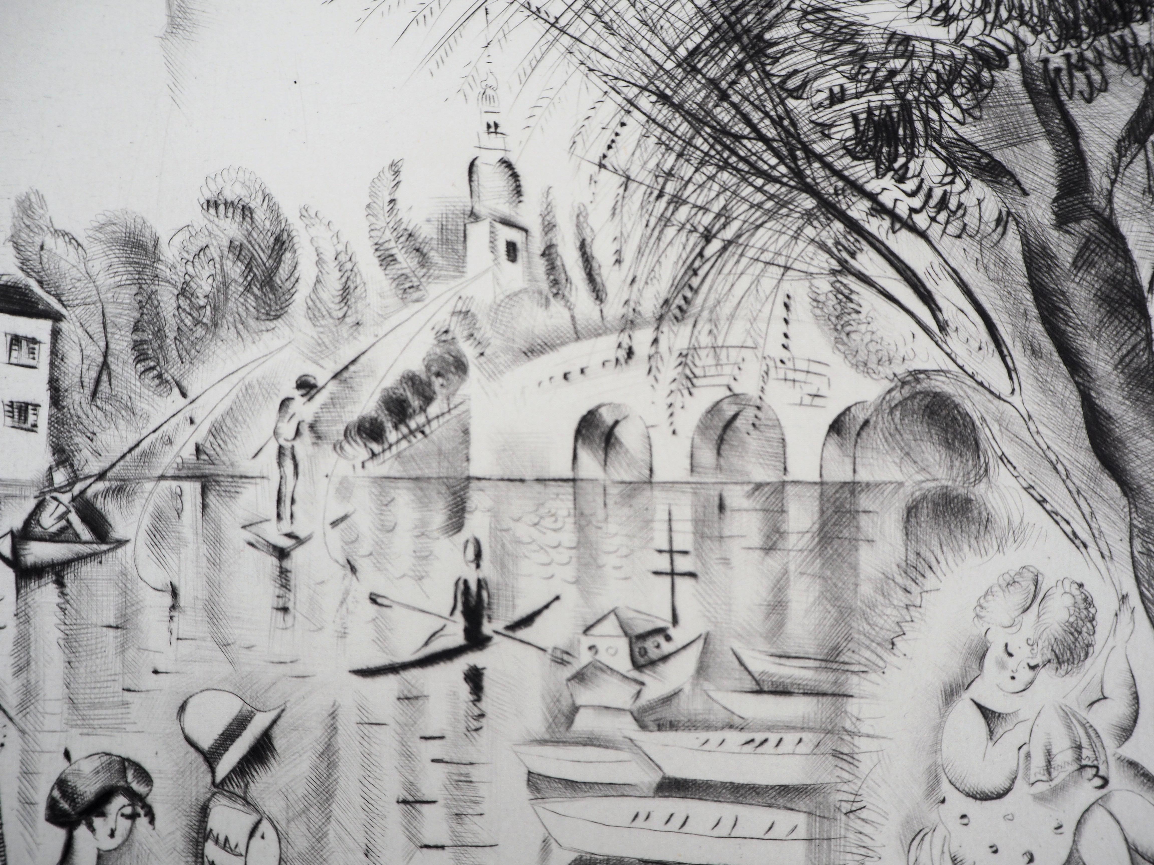 Verano en París, orillas del Sena - Grabado original firmado a mano - Figurative Print Gris de Mily Possoz
