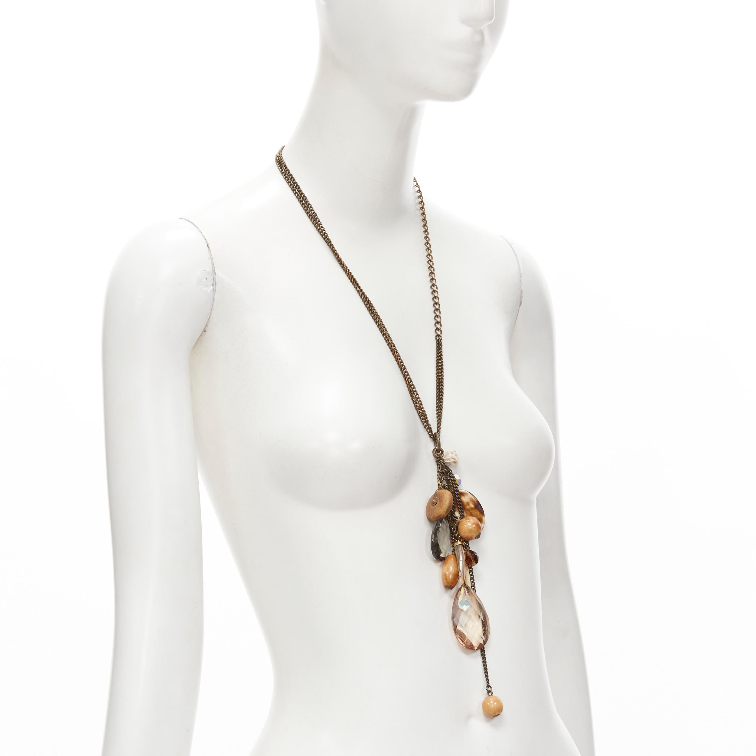 MIMCO brown acrylic wood giant crystal charm copper chain necklace In Good Condition For Sale In Hong Kong, NT