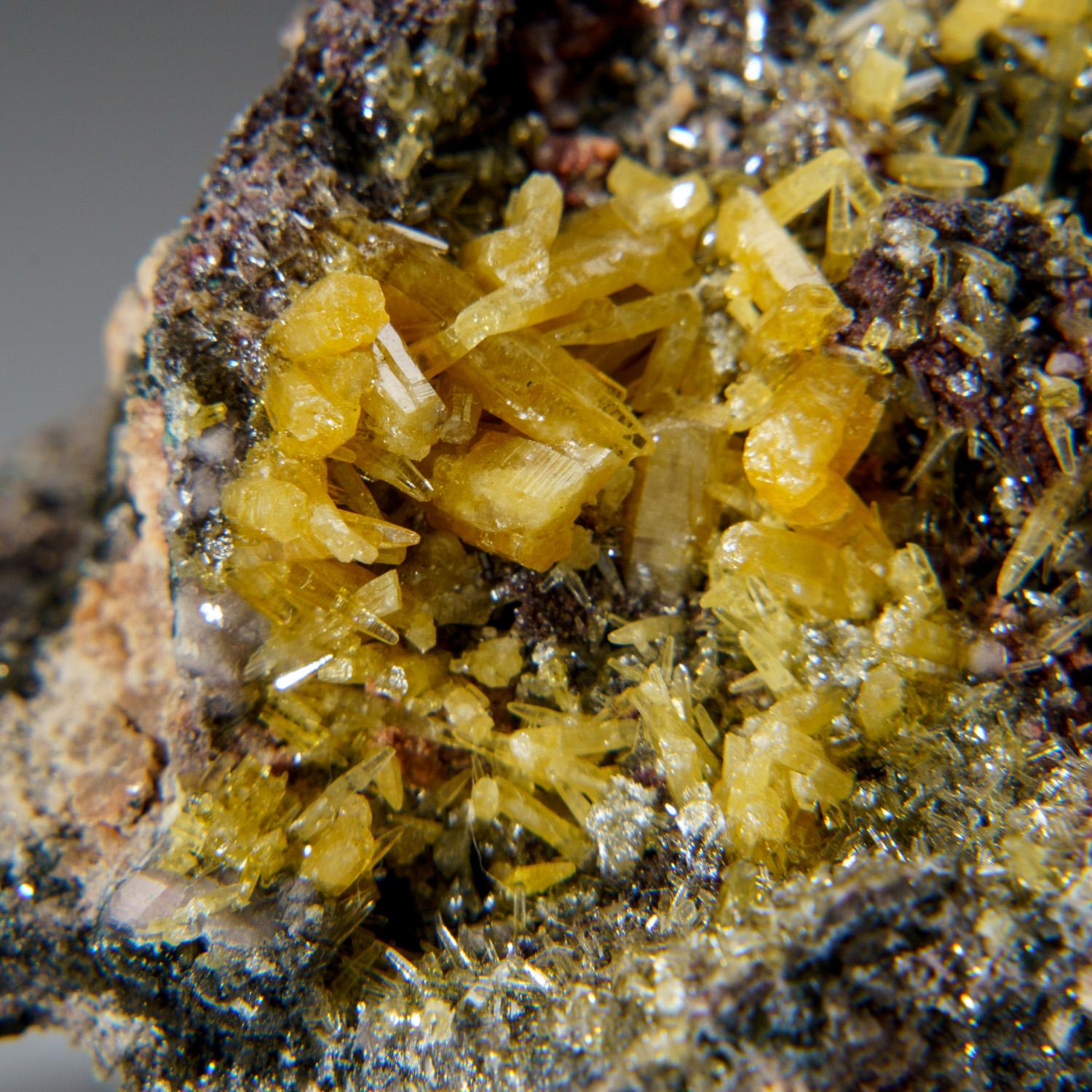 From Tsumeb Mine, Otavi-Bergland District, Oshikoto, Namibia

Rich cluster of many intersecting yellow mimetite crystals. Very lustrous, good color. The crystals are elongated and completely intact and undamaged with superb color and