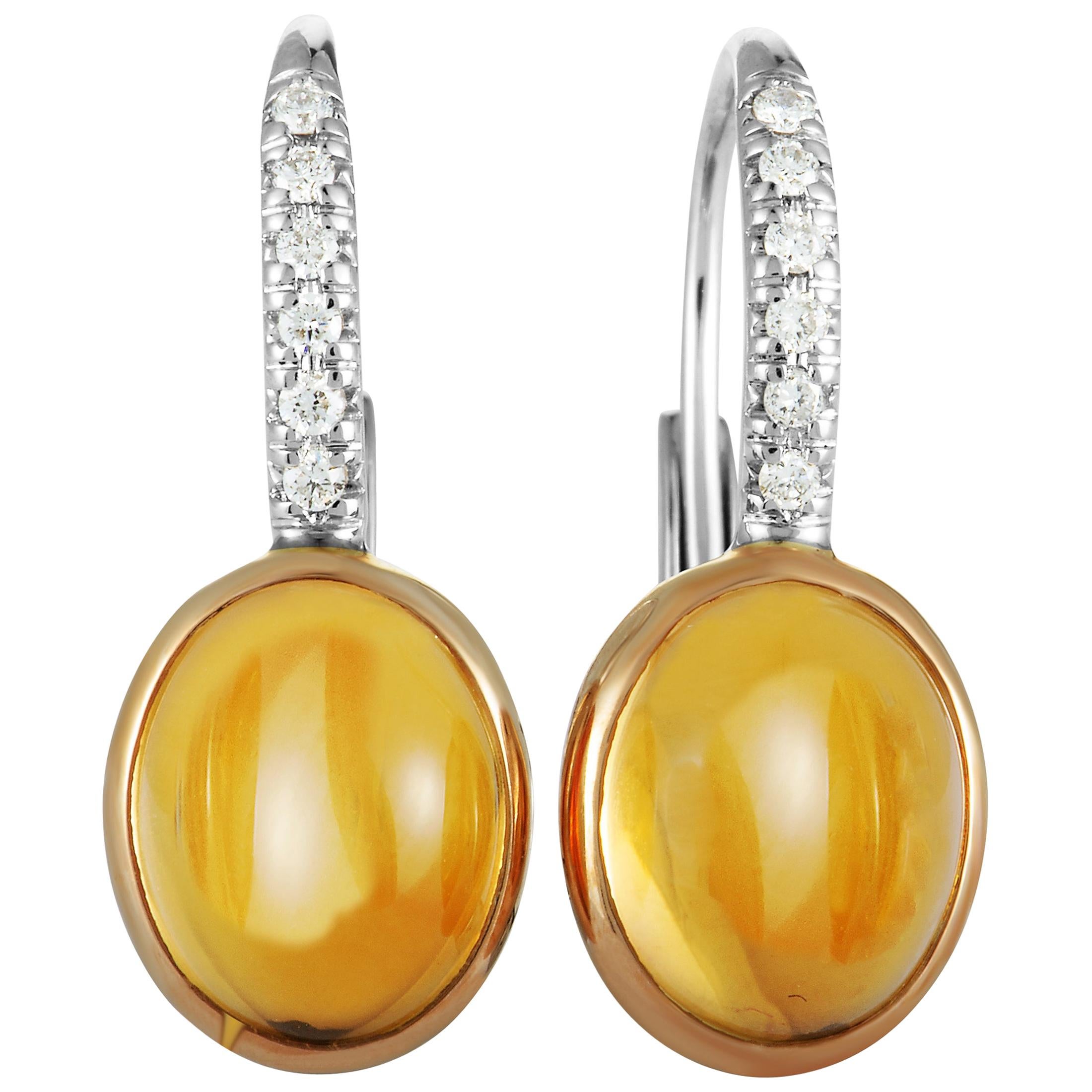 Mimí 18 Karat Rose and White Gold Diamond and Citrine Oval Lever Back Earrings