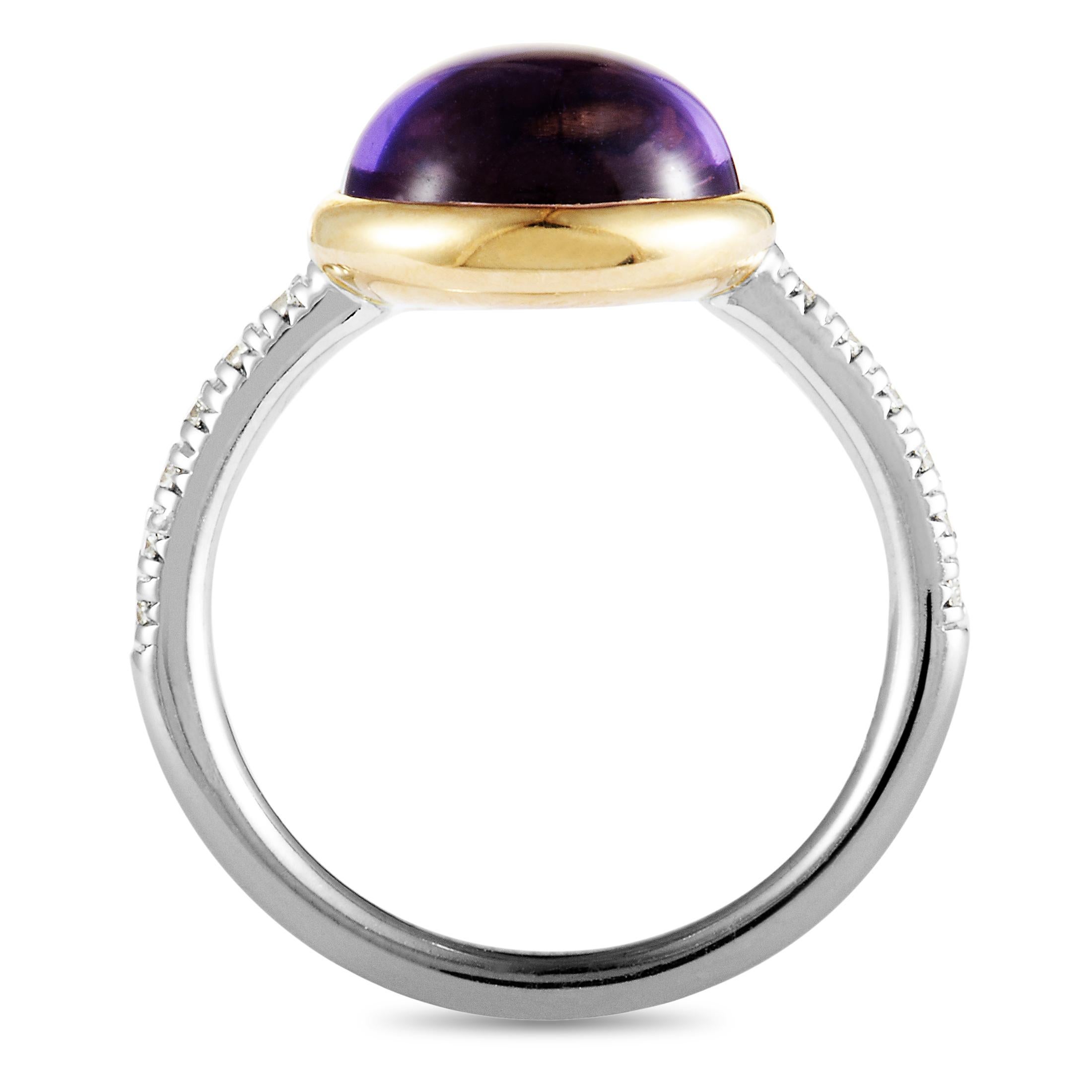 This aesthetically pleasing and beautifully designed ring is gorgeously made by Mimi Milano. The elegant ring is stunningly crafted in 18K rose and white gold and adorned with 0.12ct of glamorous diamonds and a sensational amethyst, weighing