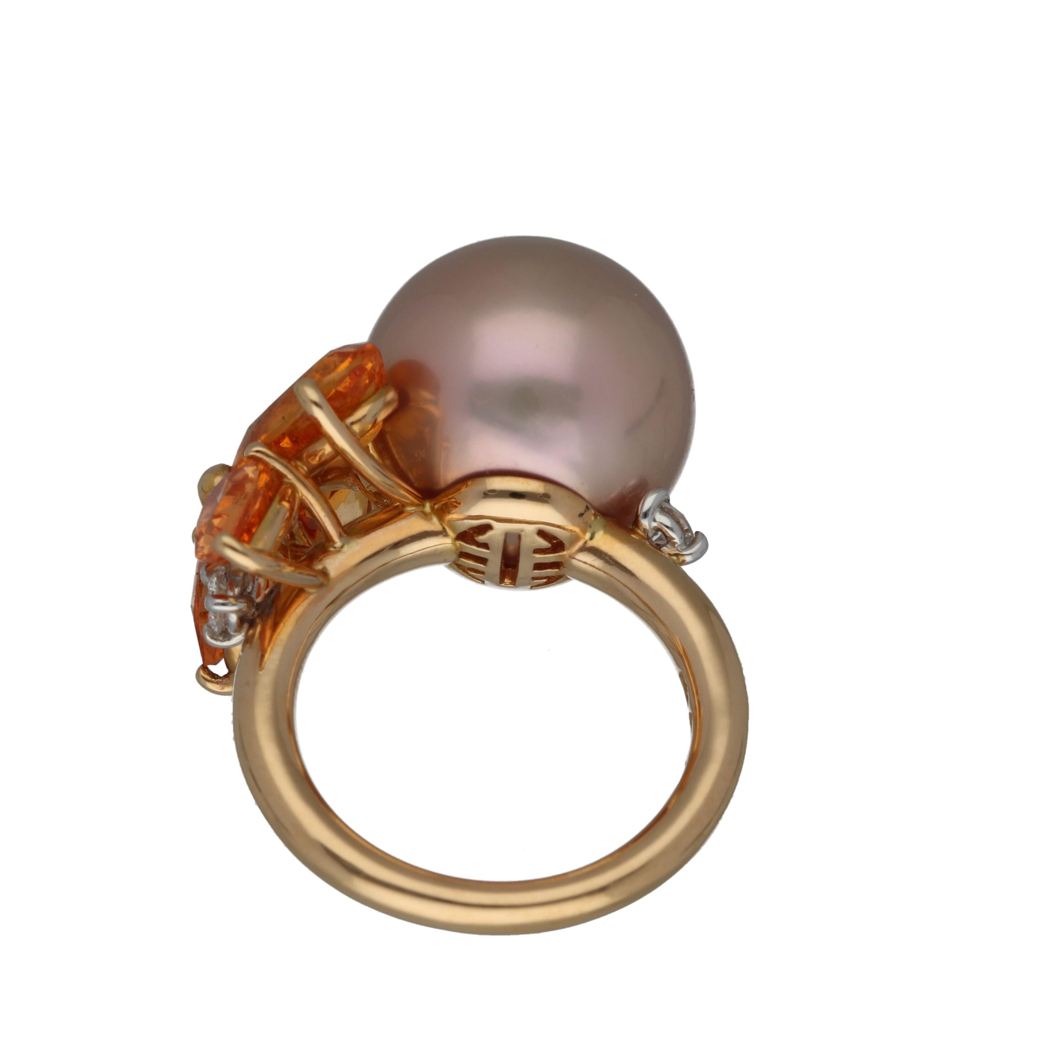 Contemporary MIMI Cultured Pearl Diamonds Garnets Gold Cocktail Ring For Sale