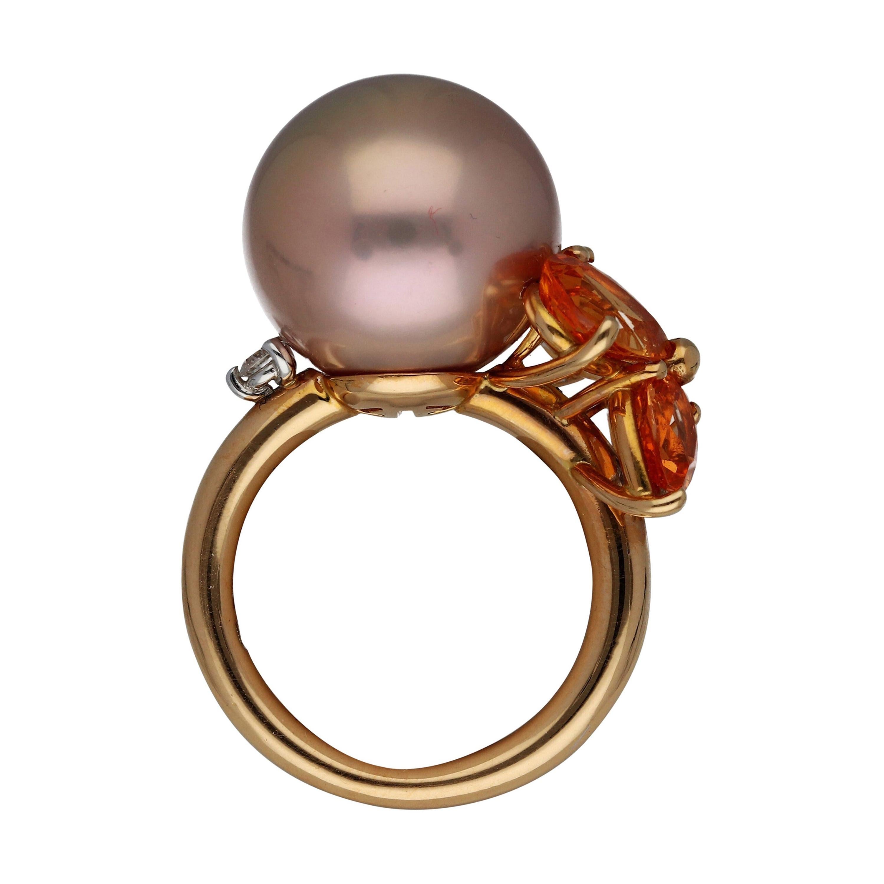 MIMI Cultured Pearl Diamonds Garnets Gold Cocktail Ring For Sale