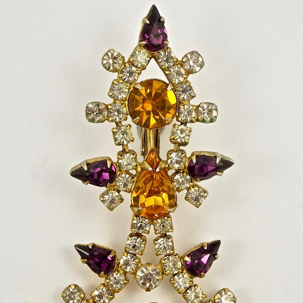 Mimi di N fabulous gold plated chandelier clip on earrings, set with amethyst, citrine and clear rhinestones in a lovely ornate design finishing with a single clear droplet. Measuring length approximately 9 cm / 3.5 inches by maximum width 6 cm /